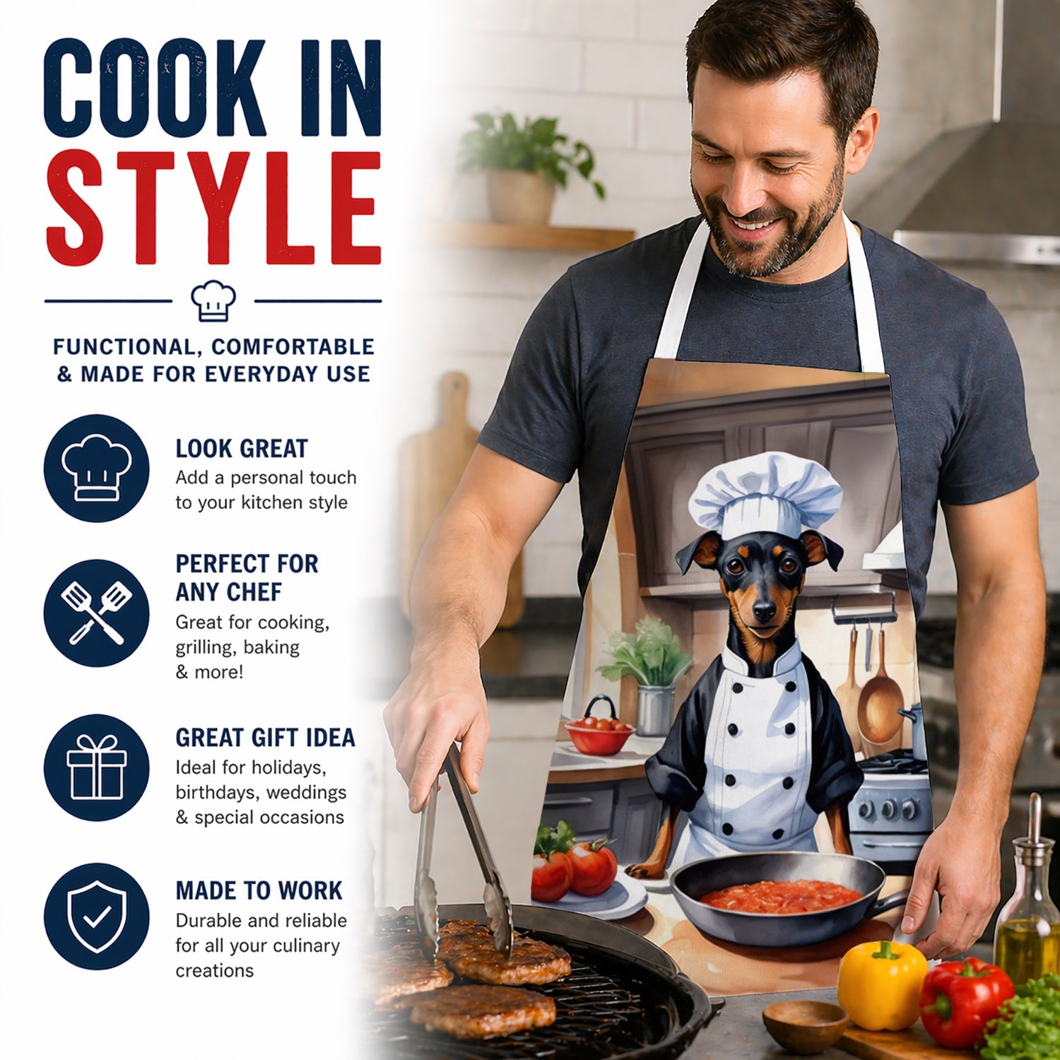 Manchester Terrier The Chef Apron Cooking Kitchen Server Baking Crafts Gardening for Adult Women Men, Unisex, Large, Multicolor
