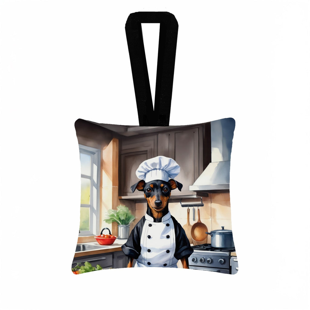 Manchester Terrier The Chef Hanging Square Fabric Ornament 3.5 × 3.5 Decorative Door-Knob & Tree Hanger, Soft Fabric