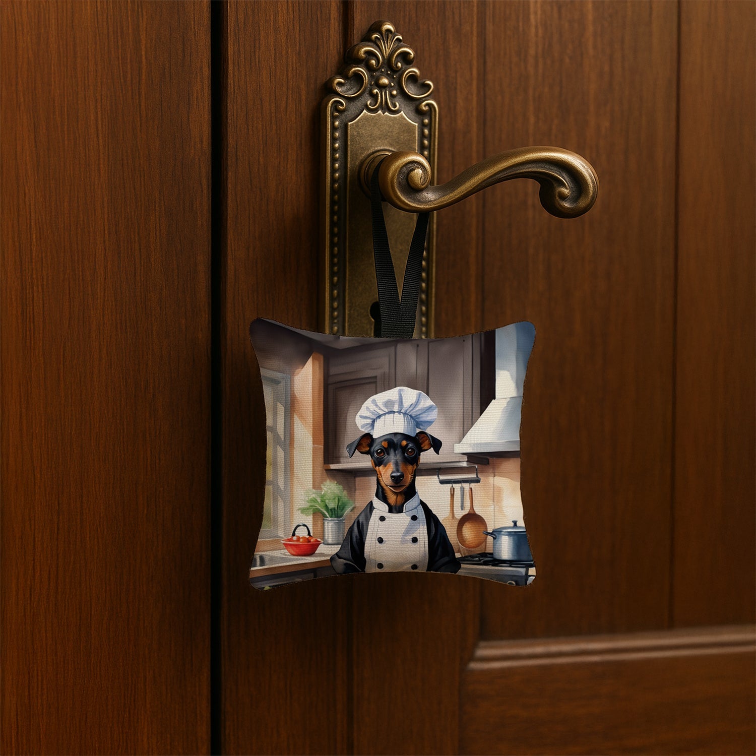 Manchester Terrier The Chef Hanging Square Fabric Ornament 3.5 × 3.5 Decorative Door-Knob & Tree Hanger, Soft Fabric