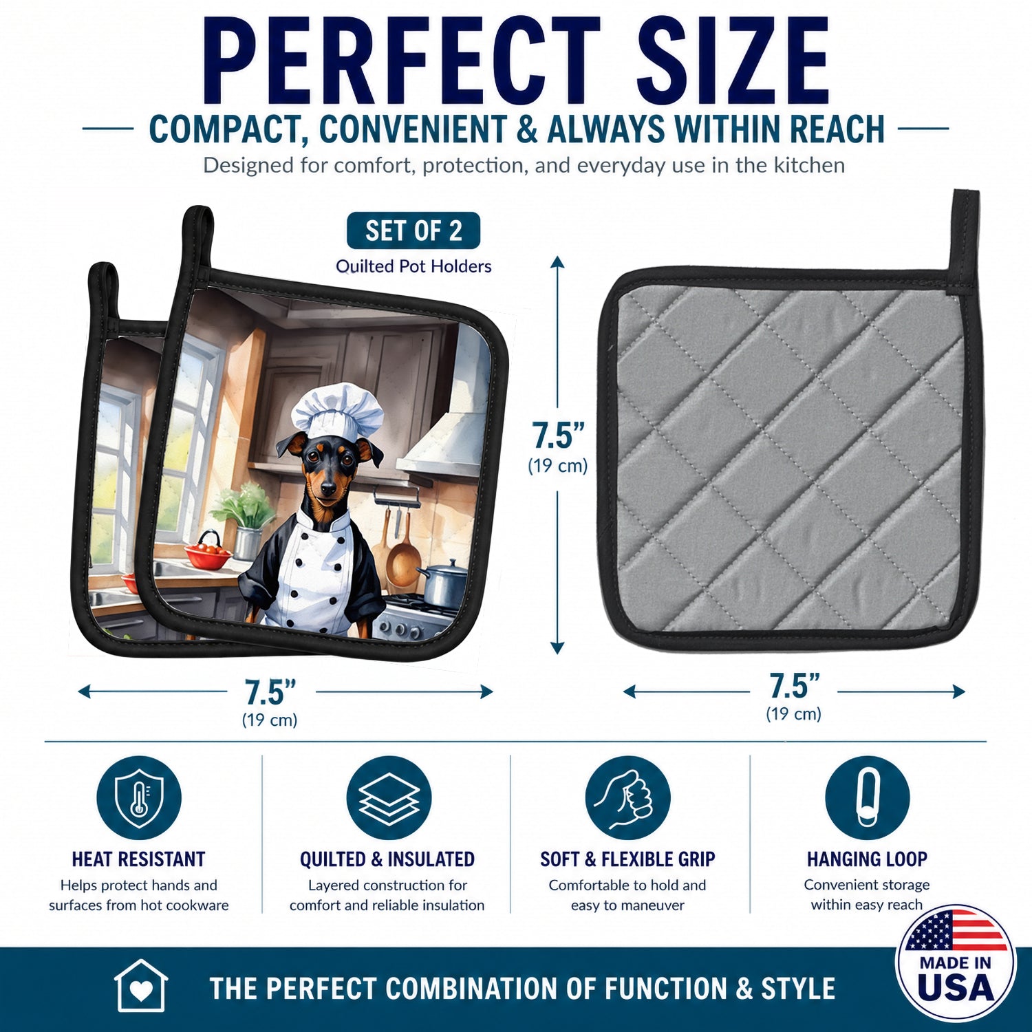 Manchester Terrier The Chef Pot Holder Set of 2 Heat Resistant Quilted Hot Pads 7.5 x 7.5 Inch, Insulated Kitchen Trivets for Cooking & Baking