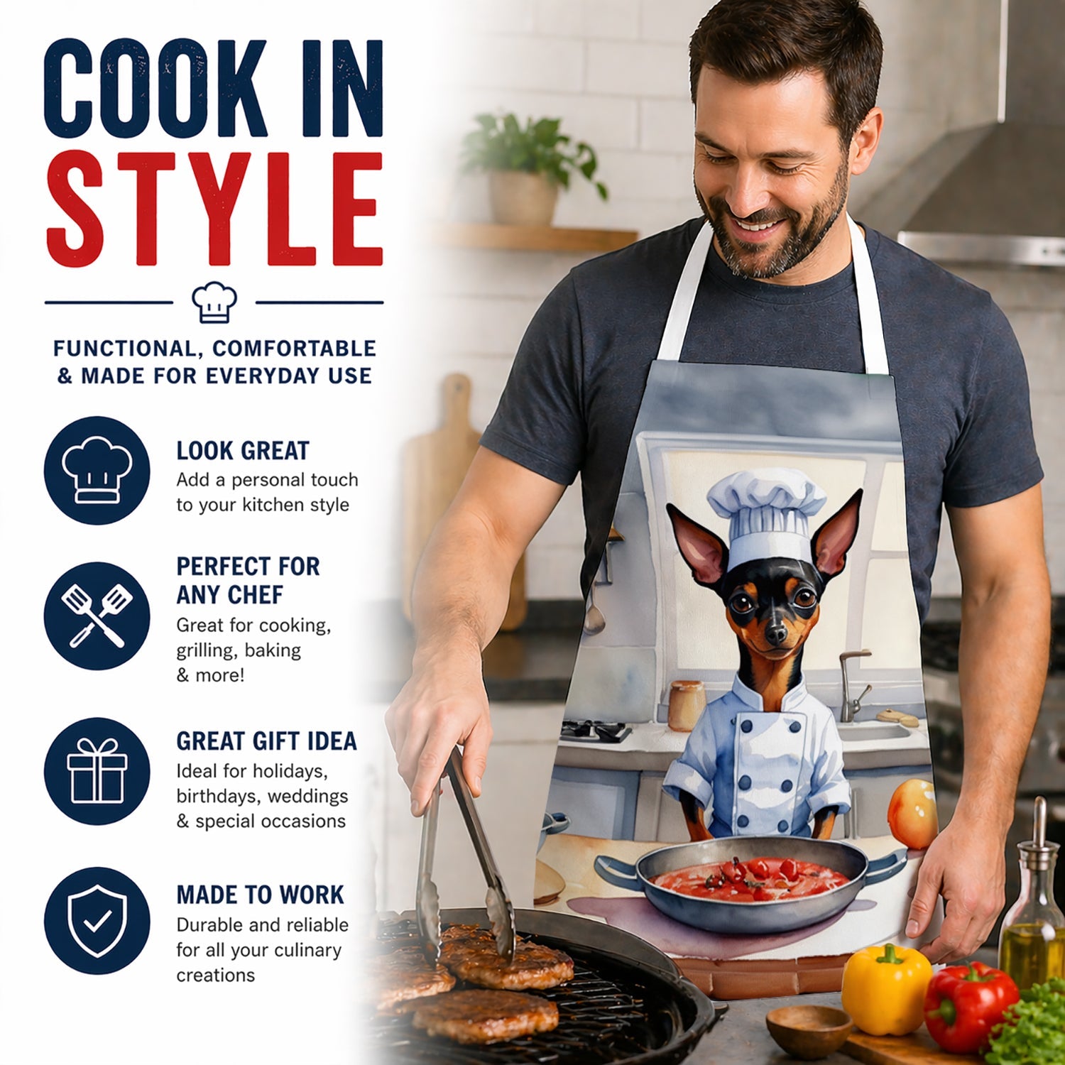 Miniature Pinscher The Chef Apron Cooking Kitchen Server Baking Crafts Gardening for Adult Women Men, Unisex, Large, Multicolor