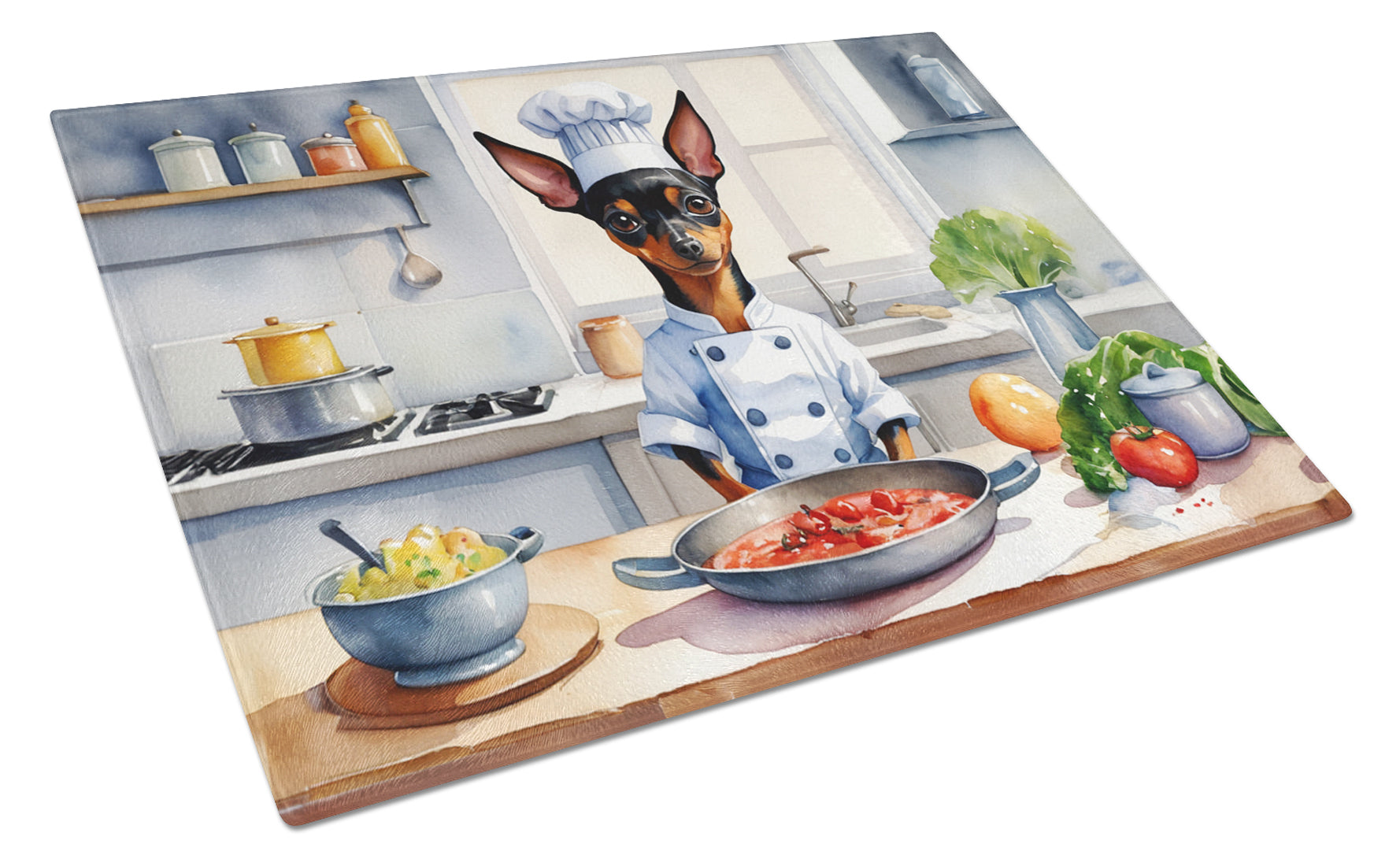 Miniature Pinscher The Chef Cutting Board Tempered Glass Kitchen Cutting Surface, Heat Resistant Chopping, Non-Slip Feet, Food Prep & Serving