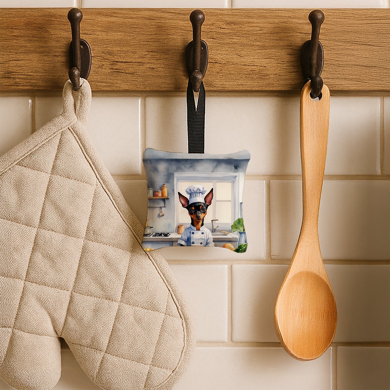 Miniature Pinscher The Chef Hanging Square Fabric Ornament 3.5 × 3.5 Decorative Door-Knob & Tree Hanger, Soft Fabric