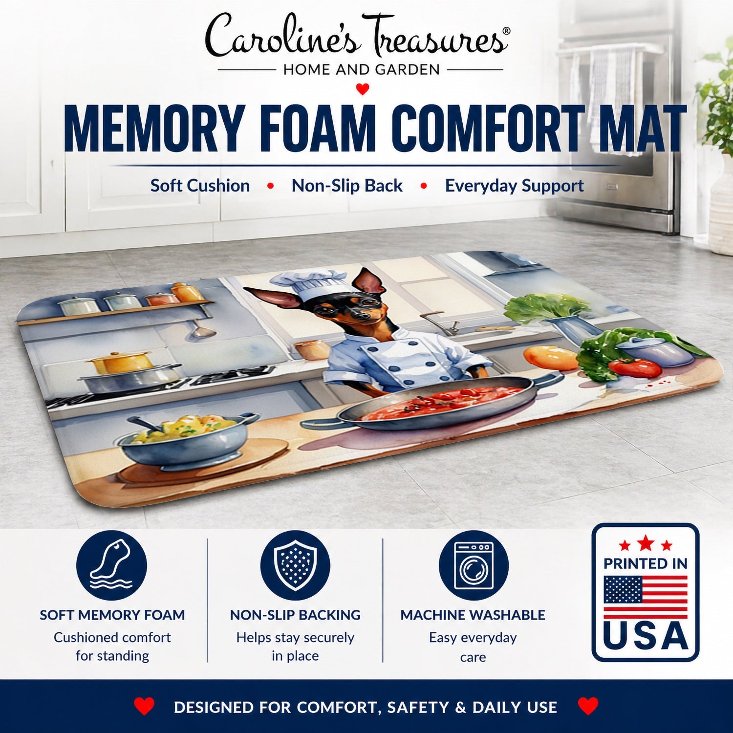 Miniature Pinscher The Chef Memory Foam Kitchen Mat Machine Washable Anti-Fatigue Cushion Comfort Bath or Kitchen Rug