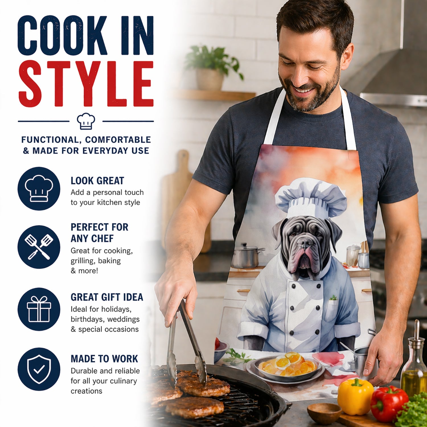 Neapolitan Mastiff The Chef Apron Cooking Kitchen Server Baking Crafts Gardening for Adult Women Men, Unisex, Large, Multicolor