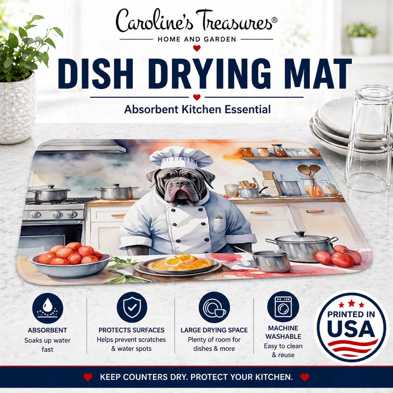 Neapolitan Mastiff The Chef Dish Drying Mat Absorbent Dish Drying Mat Pad for Kitchen Counter Dish Drainer Mat for Countertop, 14 x 21", Multicolor