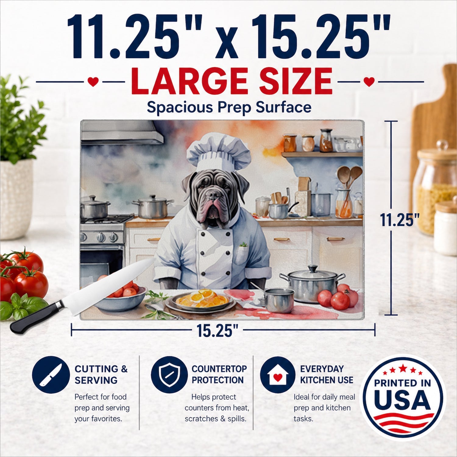 Neapolitan Mastiff The Chef Cutting Board Tempered Glass Kitchen Cutting Surface, Heat Resistant Chopping, Non-Slip Feet, Food Prep & Serving