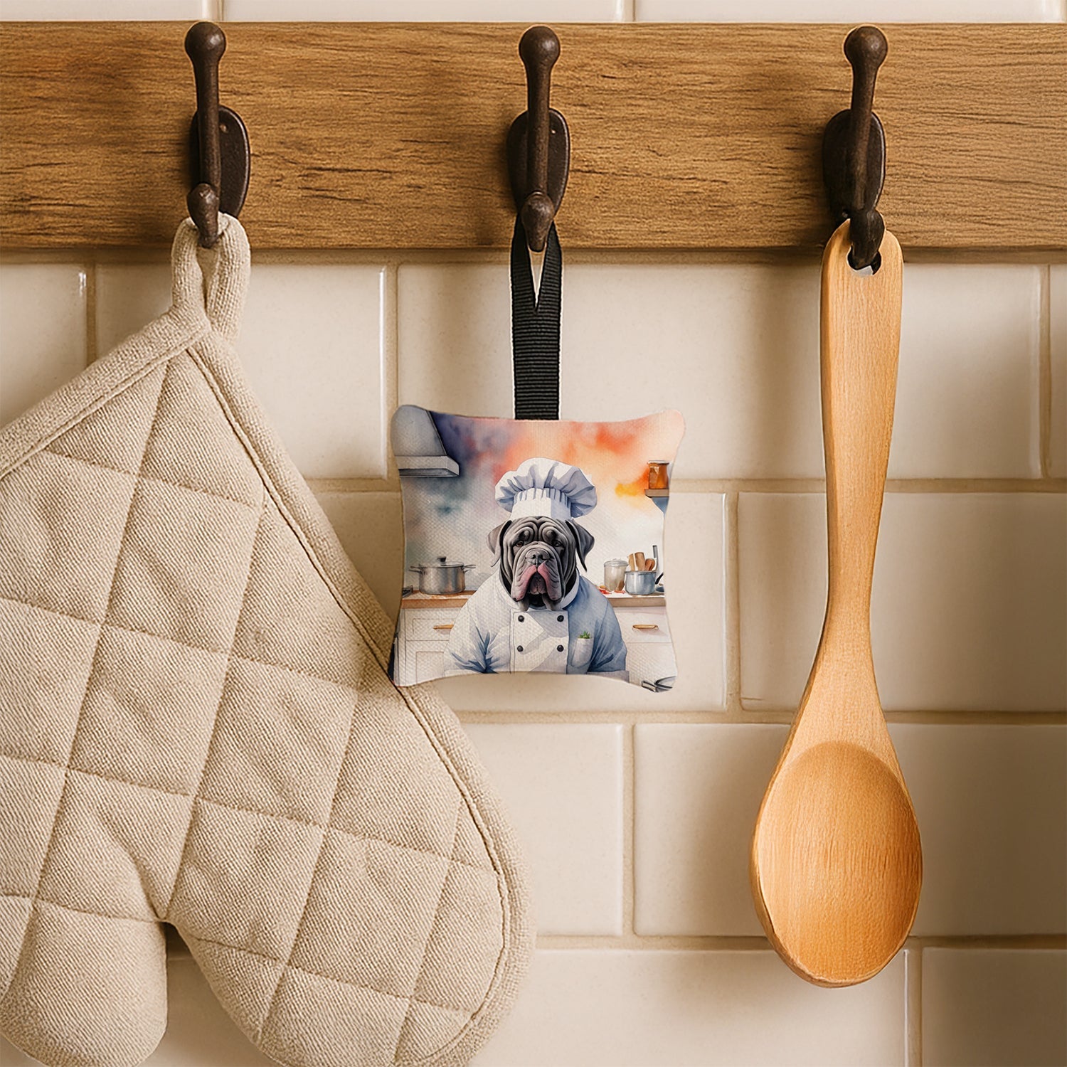 Neapolitan Mastiff The Chef Hanging Square Fabric Ornament 3.5 × 3.5 Decorative Door-Knob & Tree Hanger, Soft Fabric