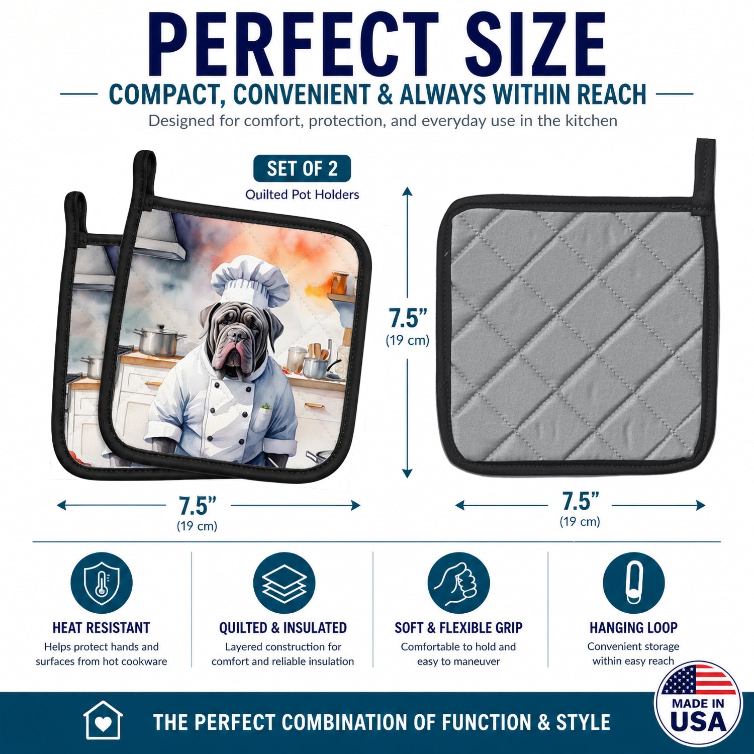 Neapolitan Mastiff The Chef Pot Holder Set of 2 Heat Resistant Quilted Hot Pads 7.5 x 7.5 Inch, Insulated Kitchen Trivets for Cooking & Baking