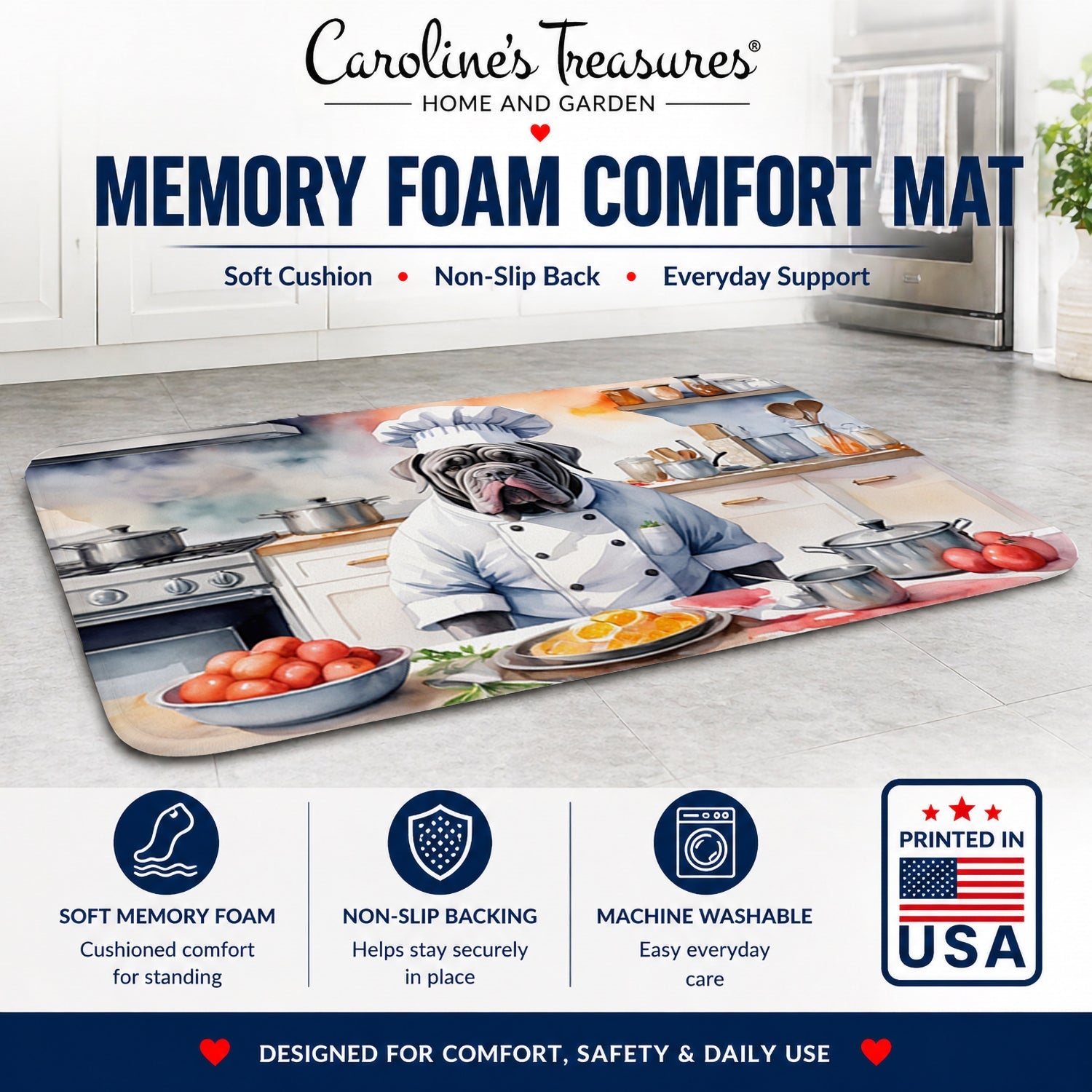 Neapolitan Mastiff The Chef Memory Foam Kitchen Mat Machine Washable Anti-Fatigue Cushion Comfort Bath or Kitchen Rug