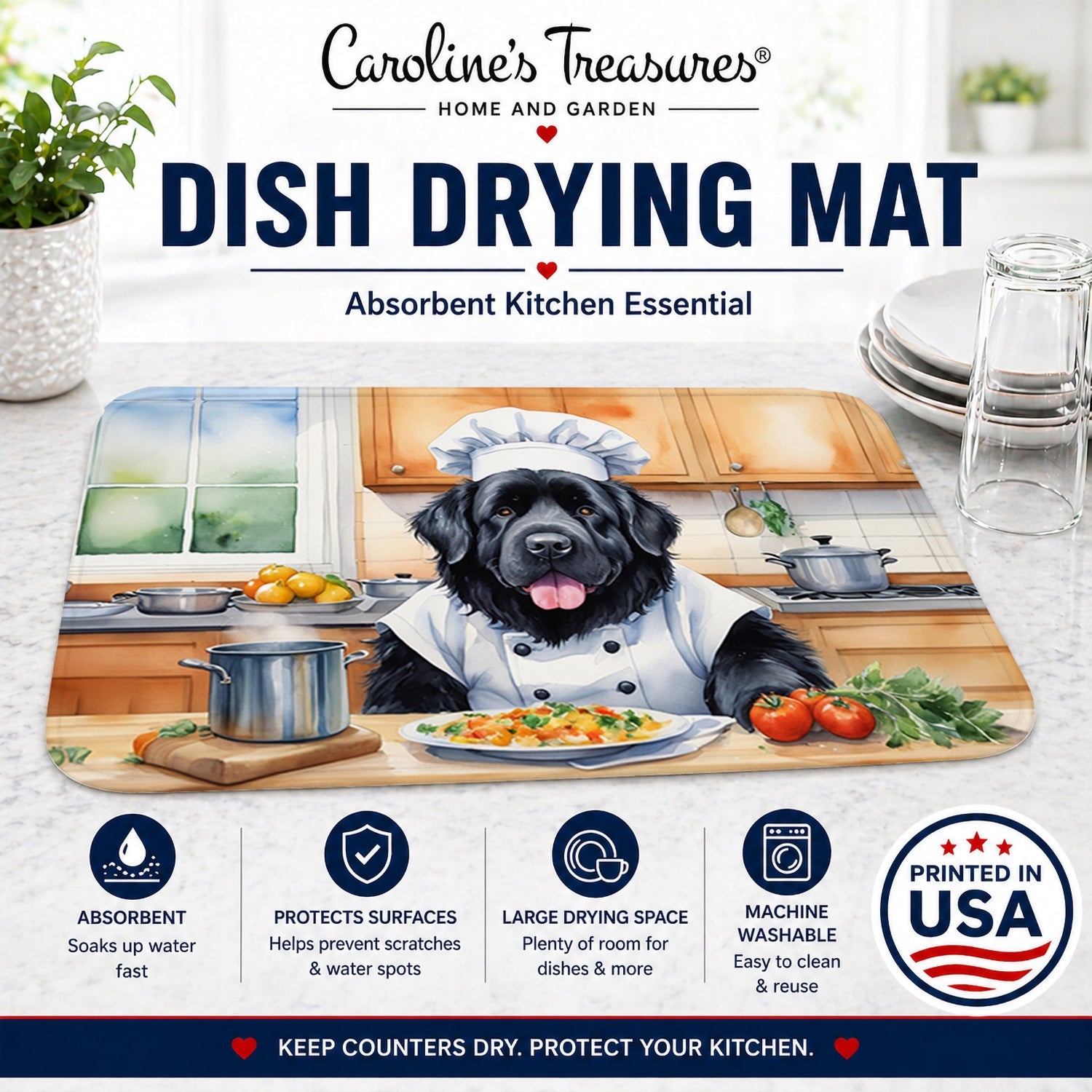 Newfoundland The Chef Dish Drying Mat Absorbent Dish Drying Mat Pad for Kitchen Counter Dish Drainer Mat for Countertop, 14 x 21", Multicolor