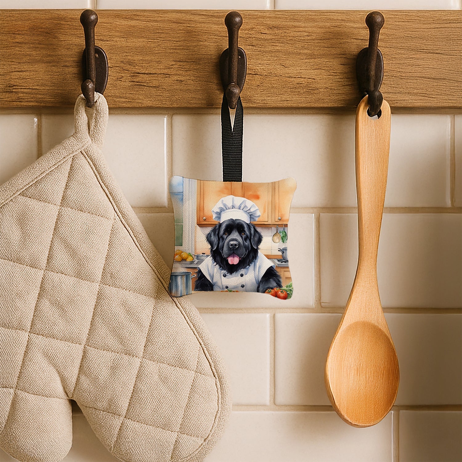 Newfoundland The Chef Hanging Square Fabric Ornament 3.5 × 3.5 Decorative Door-Knob & Tree Hanger, Soft Fabric