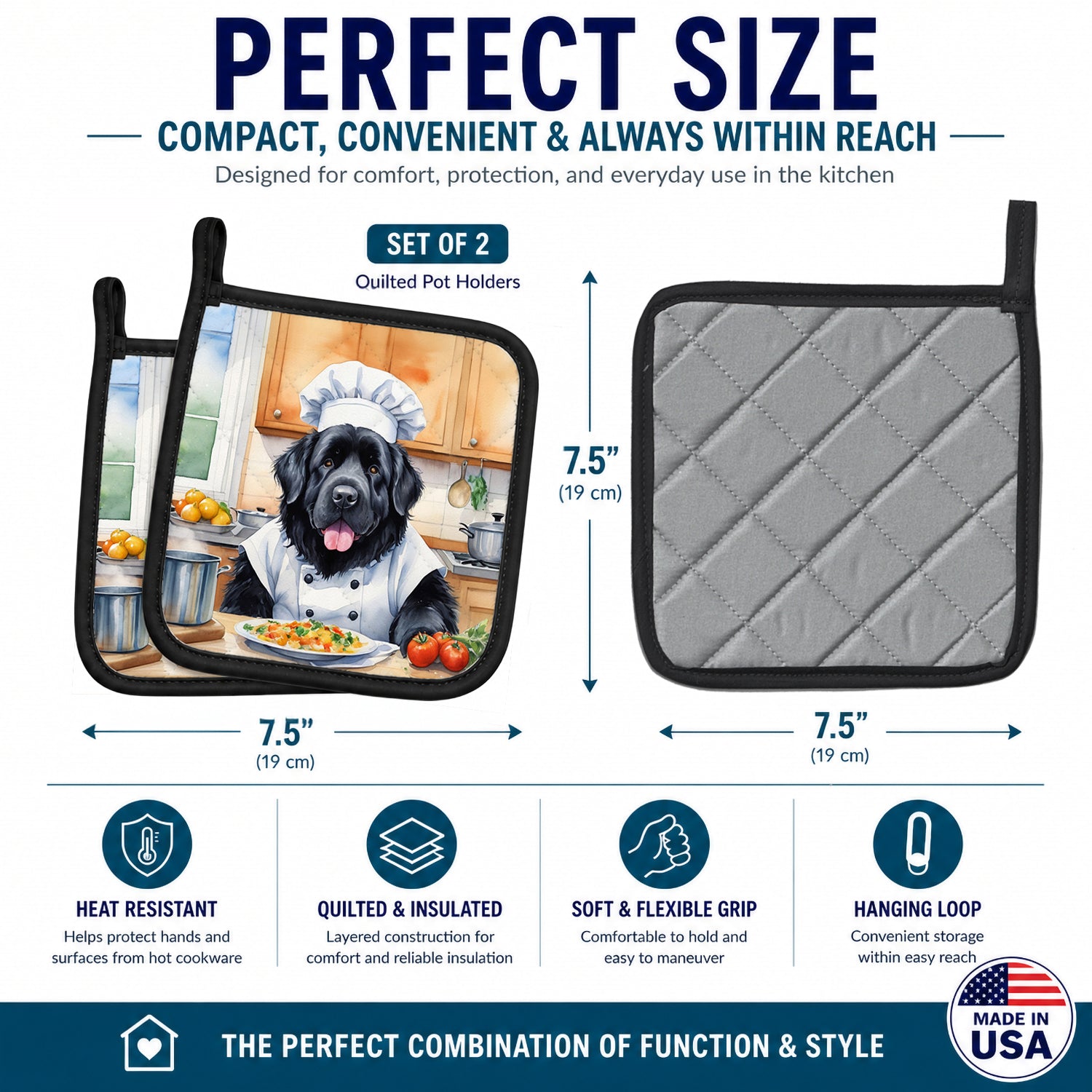 Newfoundland The Chef Pot Holder Set of 2 Heat Resistant Quilted Hot Pads 7.5 x 7.5 Inch, Insulated Kitchen Trivets for Cooking & Baking