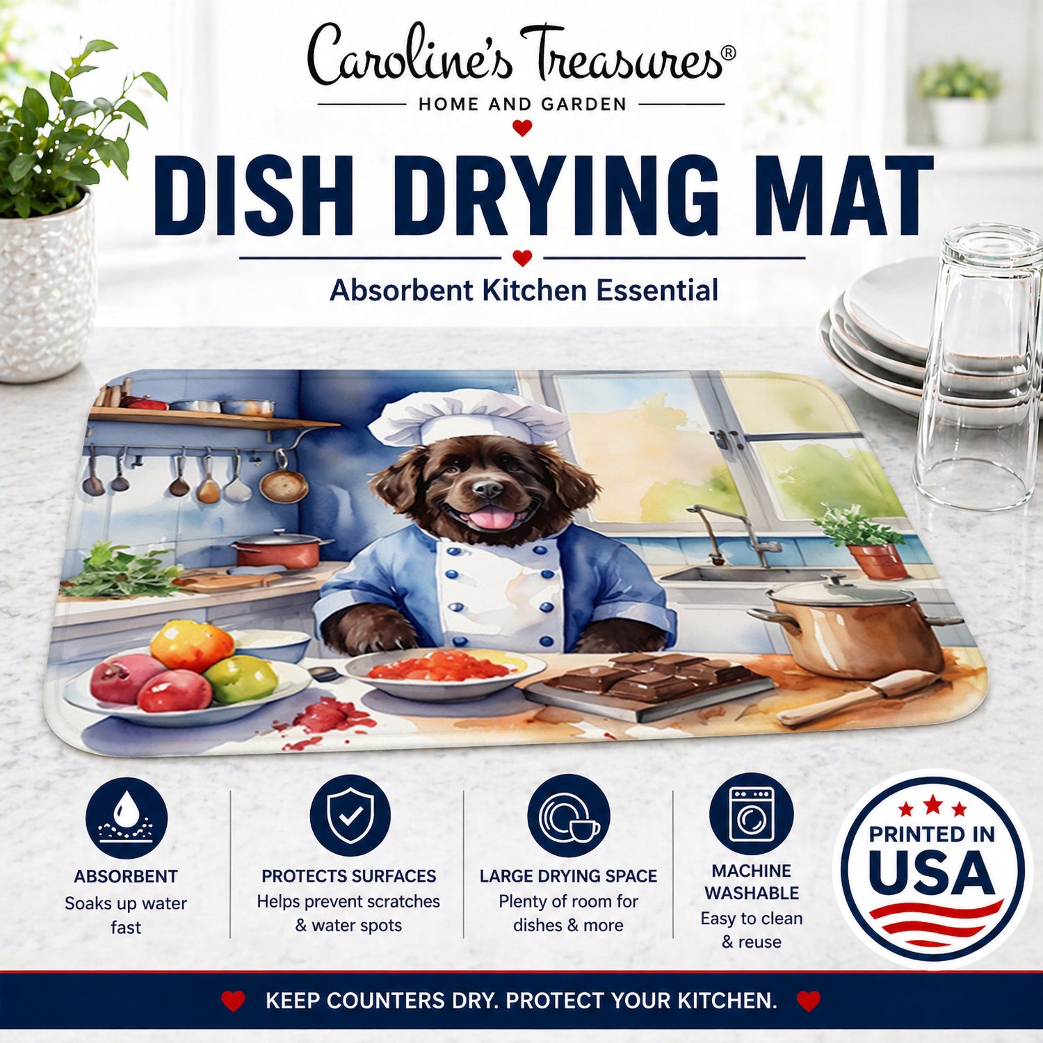 Newfoundland The Chef Dish Drying Mat Absorbent Dish Drying Mat Pad for Kitchen Counter Dish Drainer Mat for Countertop, 14 x 21", Multicolor