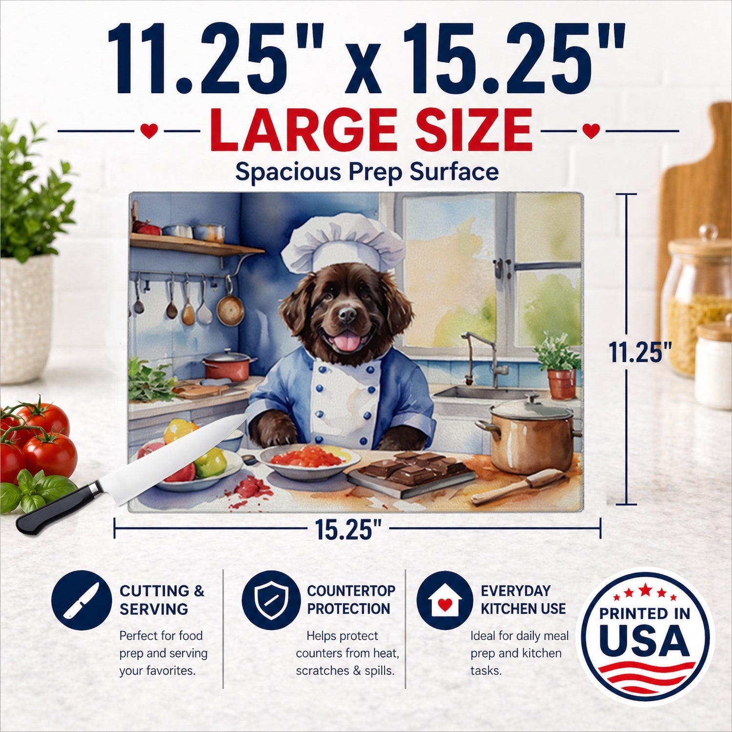 Newfoundland The Chef Cutting Board Tempered Glass Kitchen Cutting Surface, Heat Resistant Chopping, Non-Slip Feet, Food Prep & Serving