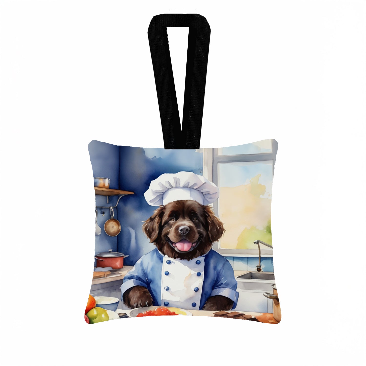 Newfoundland The Chef Hanging Square Fabric Ornament 3.5 × 3.5 Decorative Door-Knob & Tree Hanger, Soft Fabric