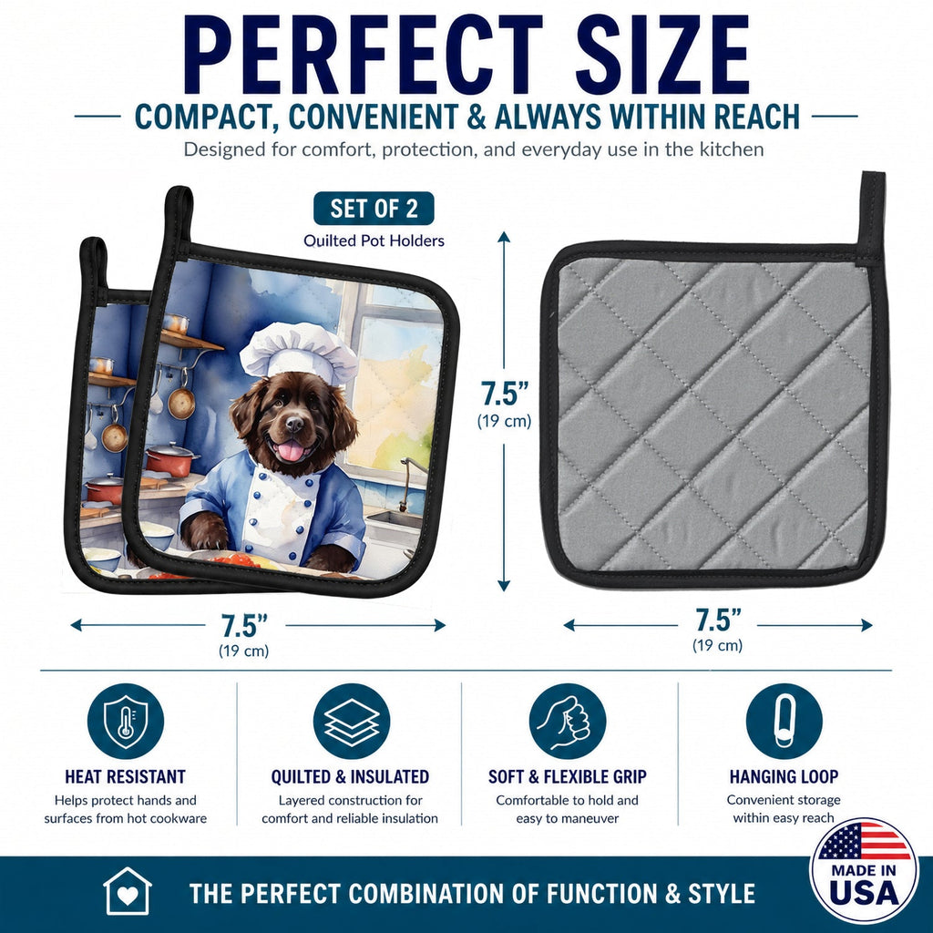 Newfoundland The Chef Pot Holder Set of 2 Heat Resistant Quilted Hot Pads 7.5 x 7.5 Inch, Insulated Kitchen Trivets for Cooking & Baking