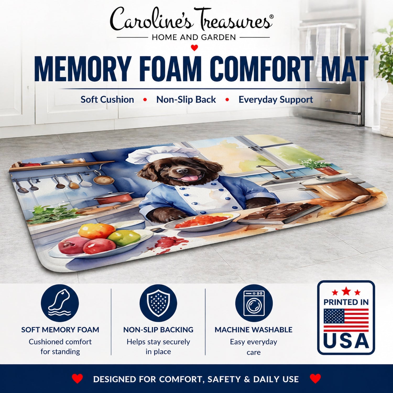 Newfoundland The Chef Memory Foam Kitchen Mat Machine Washable Anti-Fatigue Cushion Comfort Bath or Kitchen Rug