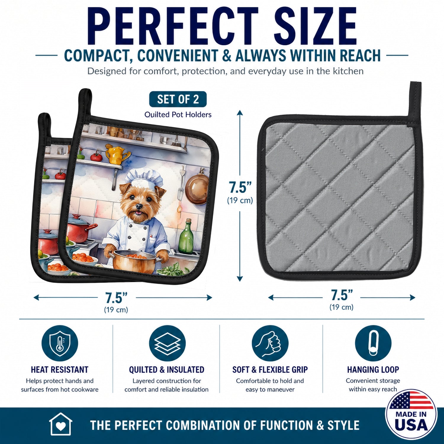 Norfolk Terrier The Chef Pot Holder Set of 2 Heat Resistant Quilted Hot Pads 7.5 x 7.5 Inch, Insulated Kitchen Trivets for Cooking & Baking