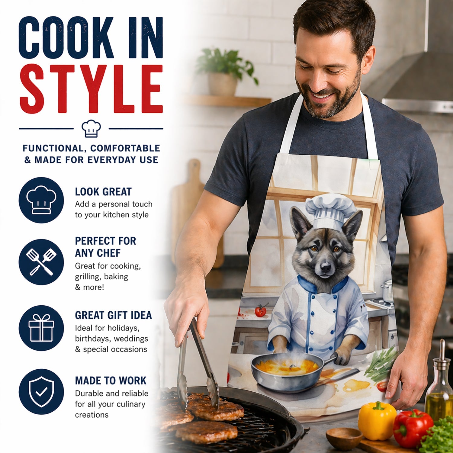Norwegian Elkhound The Chef Apron Cooking Kitchen Server Baking Crafts Gardening for Adult Women Men, Unisex, Large, Multicolor