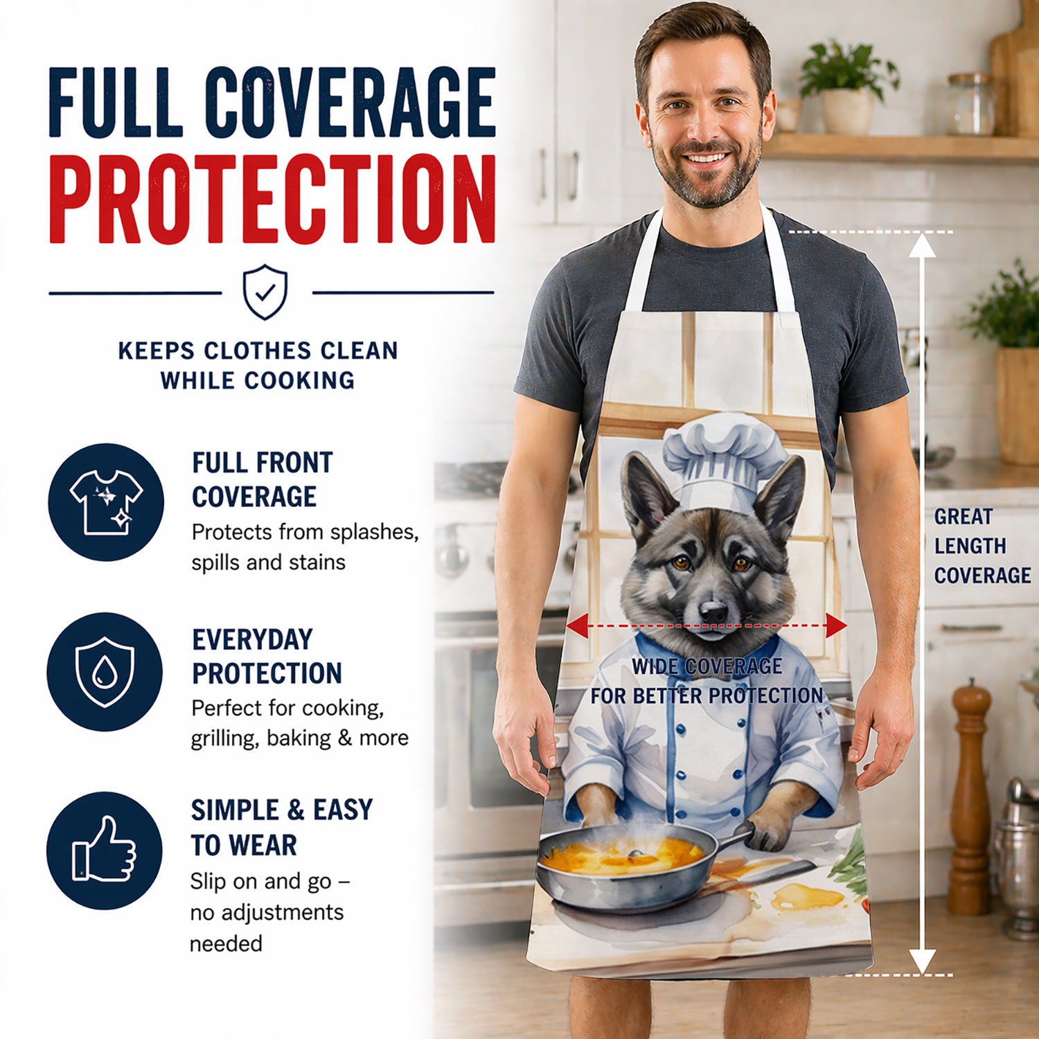 Norwegian Elkhound The Chef Apron Cooking Kitchen Server Baking Crafts Gardening for Adult Women Men, Unisex, Large, Multicolor