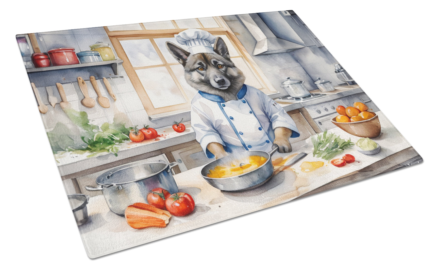 Norwegian Elkhound The Chef Cutting Board Tempered Glass Kitchen Cutting Surface, Heat Resistant Chopping, Non-Slip Feet, Food Prep & Serving
