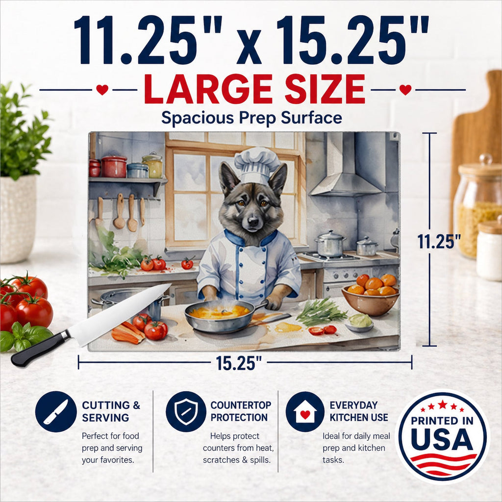Norwegian Elkhound The Chef Cutting Board Tempered Glass Kitchen Cutting Surface, Heat Resistant Chopping, Non-Slip Feet, Food Prep & Serving