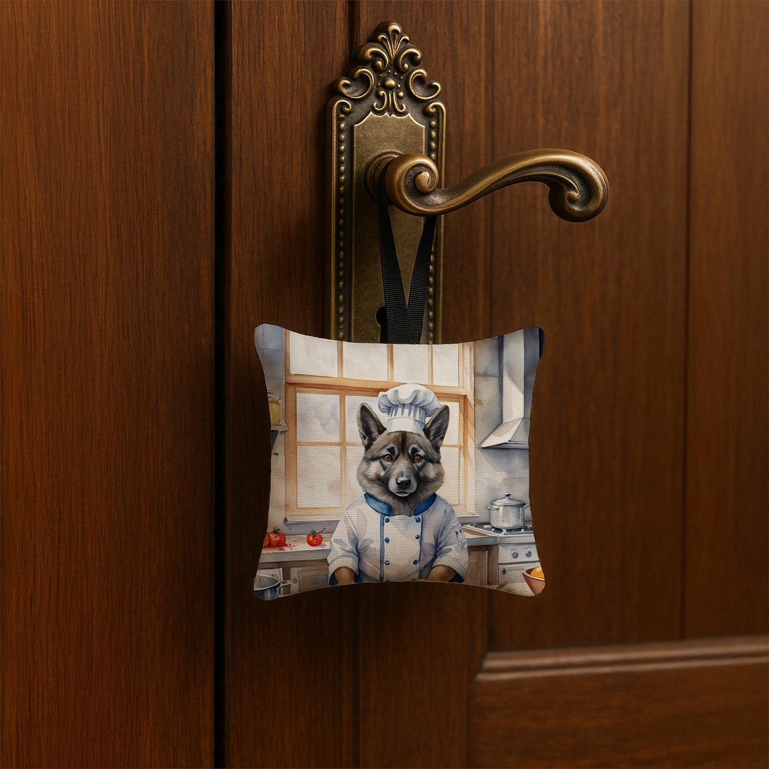 Norwegian Elkhound The Chef Hanging Square Fabric Ornament 3.5 × 3.5 Decorative Door-Knob & Tree Hanger, Soft Fabric