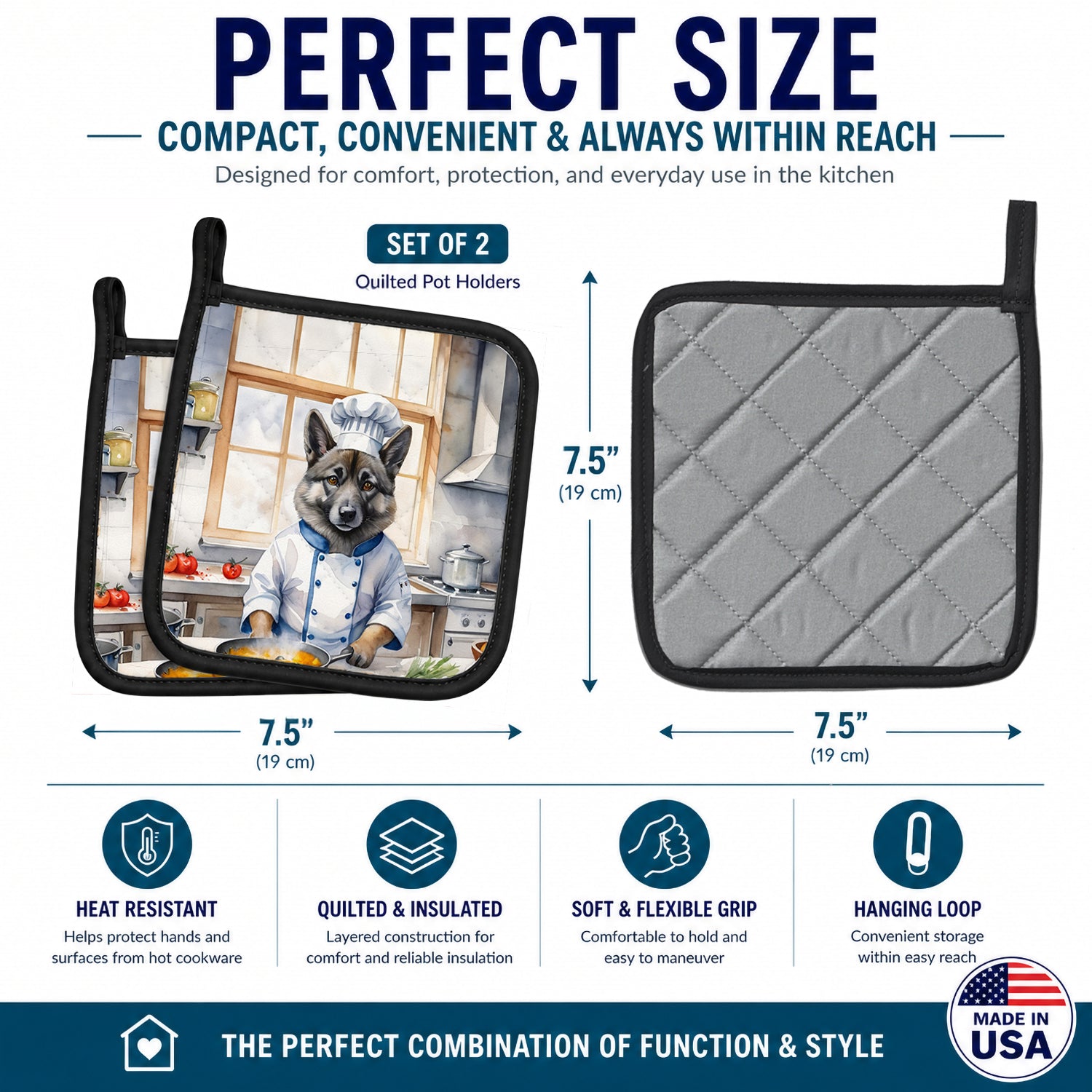 Norwegian Elkhound The Chef Pot Holder Set of 2 Heat Resistant Quilted Hot Pads 7.5 x 7.5 Inch, Insulated Kitchen Trivets for Cooking & Baking