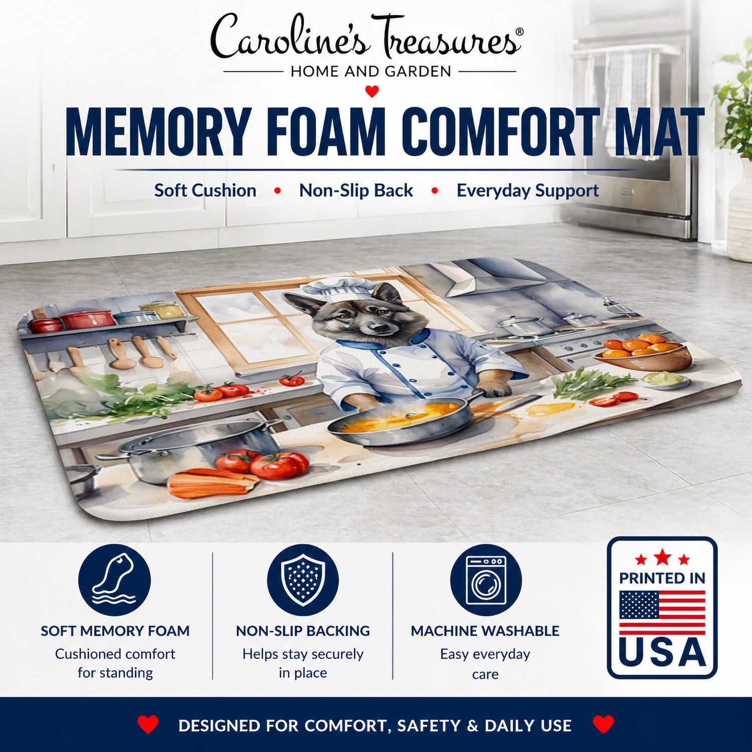 Norwegian Elkhound The Chef Memory Foam Kitchen Mat Machine Washable Anti-Fatigue Cushion Comfort Bath or Kitchen Rug