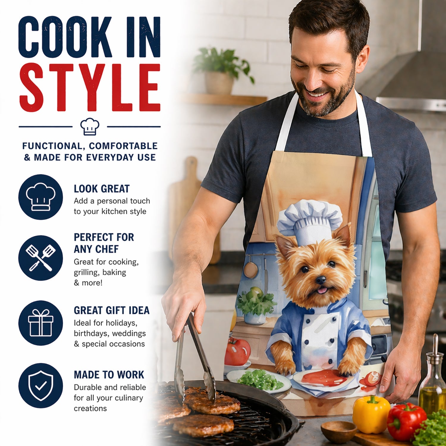 Norwich Terrier The Chef Apron Cooking Kitchen Server Baking Crafts Gardening for Adult Women Men, Unisex, Large, Multicolor