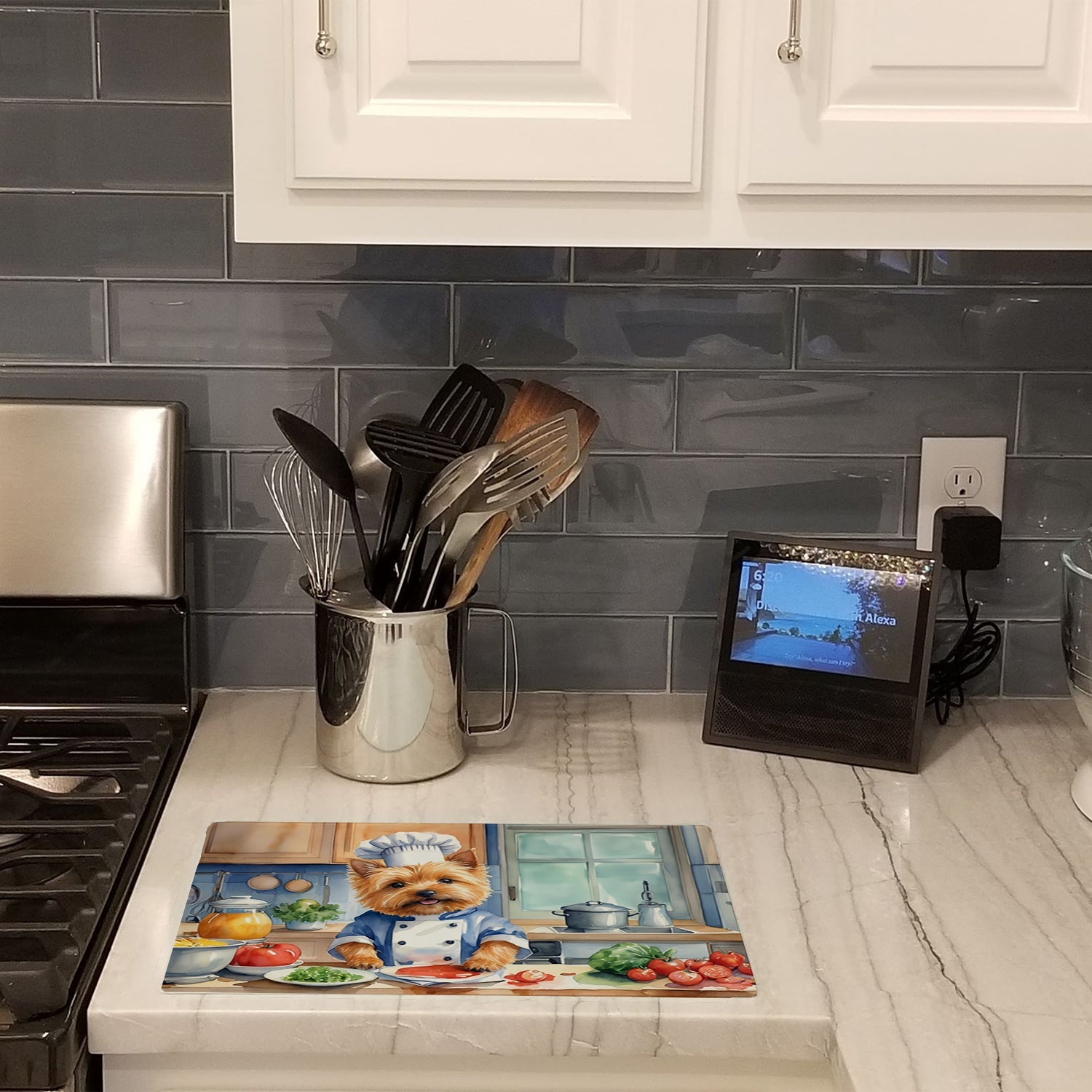 Norwich Terrier The Chef Cutting Board Tempered Glass Kitchen Cutting Surface, Heat Resistant Chopping, Non-Slip Feet, Food Prep & Serving
