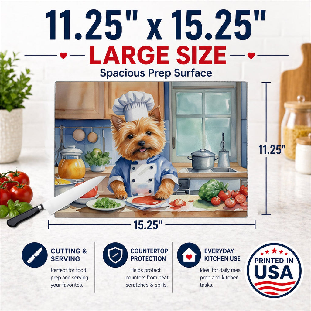 Norwich Terrier The Chef Cutting Board Tempered Glass Kitchen Cutting Surface, Heat Resistant Chopping, Non-Slip Feet, Food Prep & Serving
