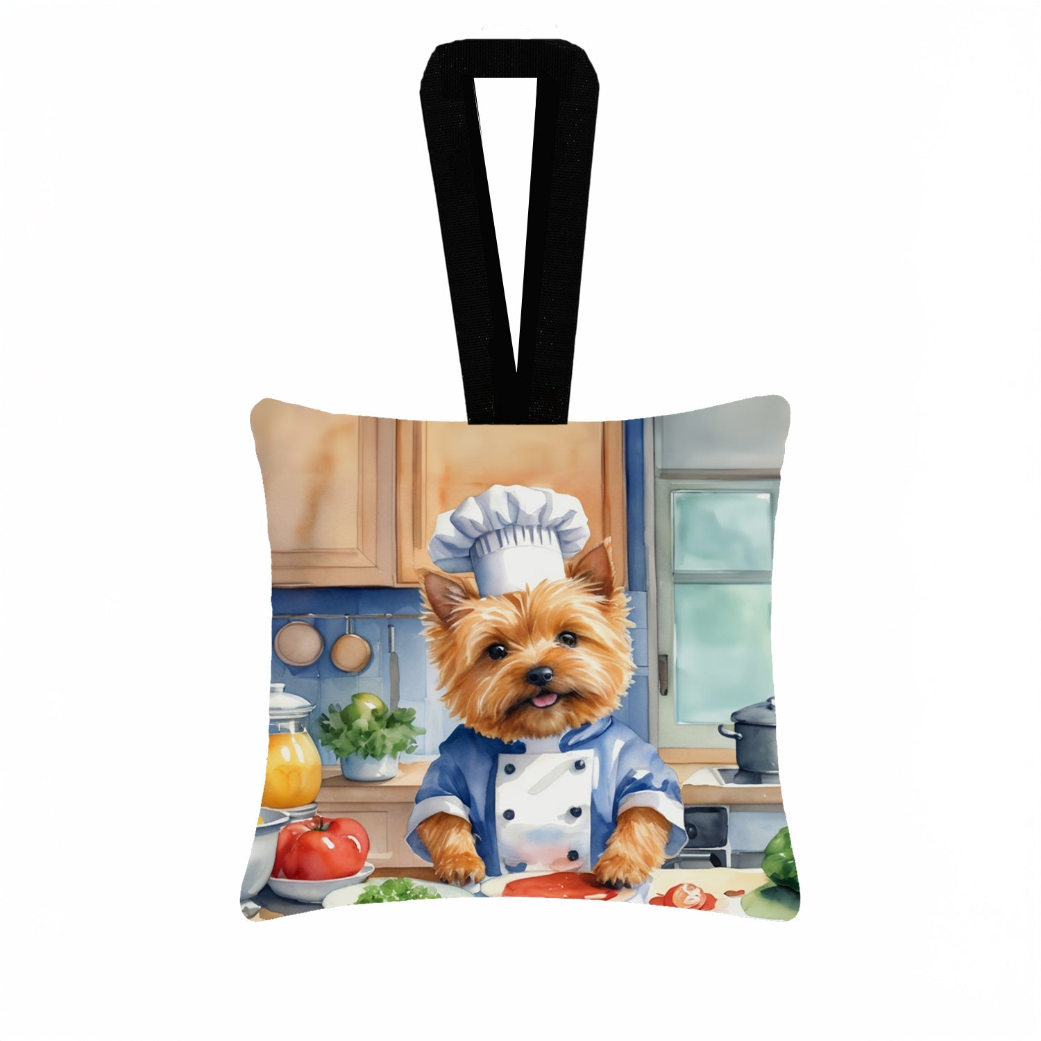 Norwich Terrier The Chef Hanging Square Fabric Ornament 3.5 × 3.5 Decorative Door-Knob & Tree Hanger, Soft Fabric