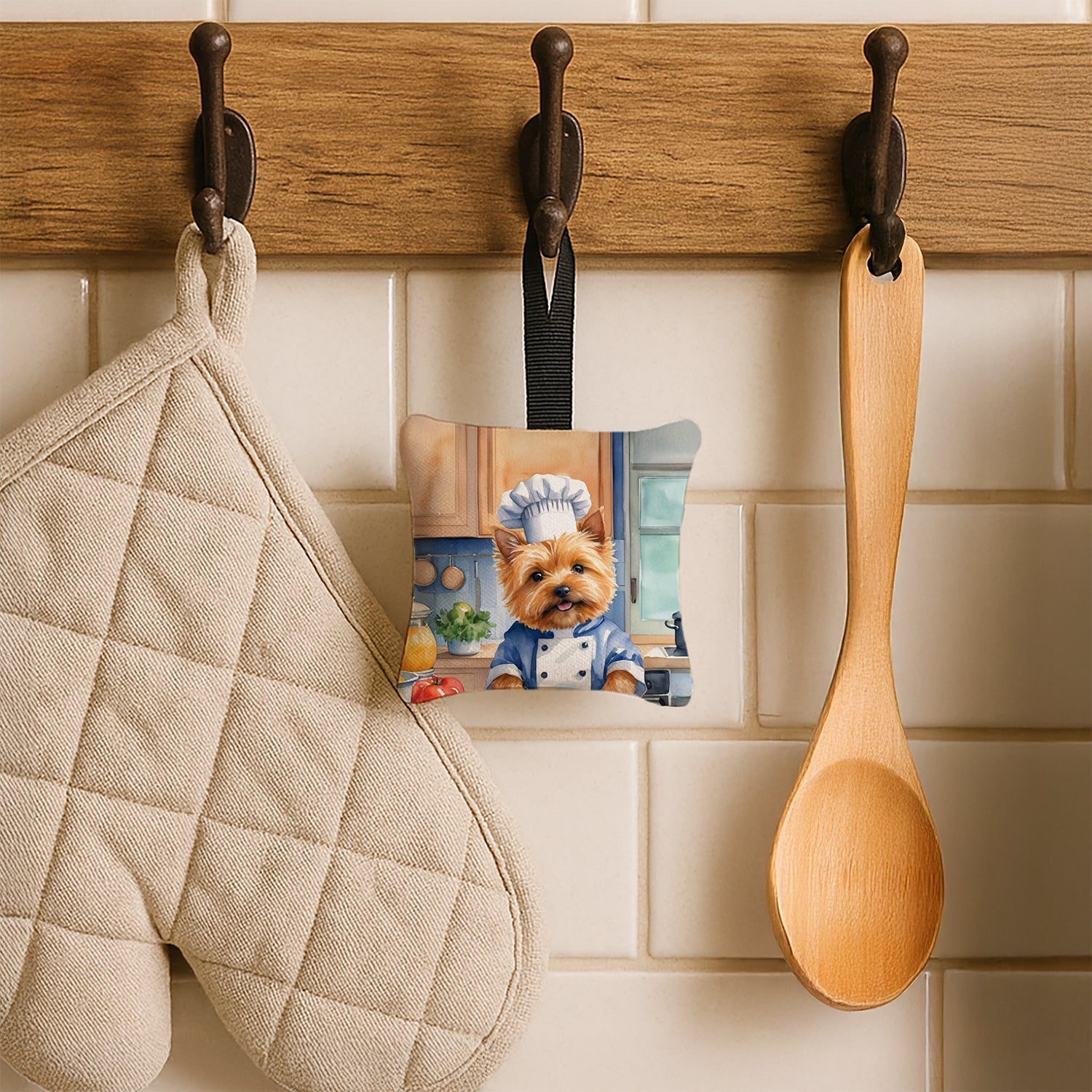 Norwich Terrier The Chef Hanging Square Fabric Ornament 3.5 × 3.5 Decorative Door-Knob & Tree Hanger, Soft Fabric