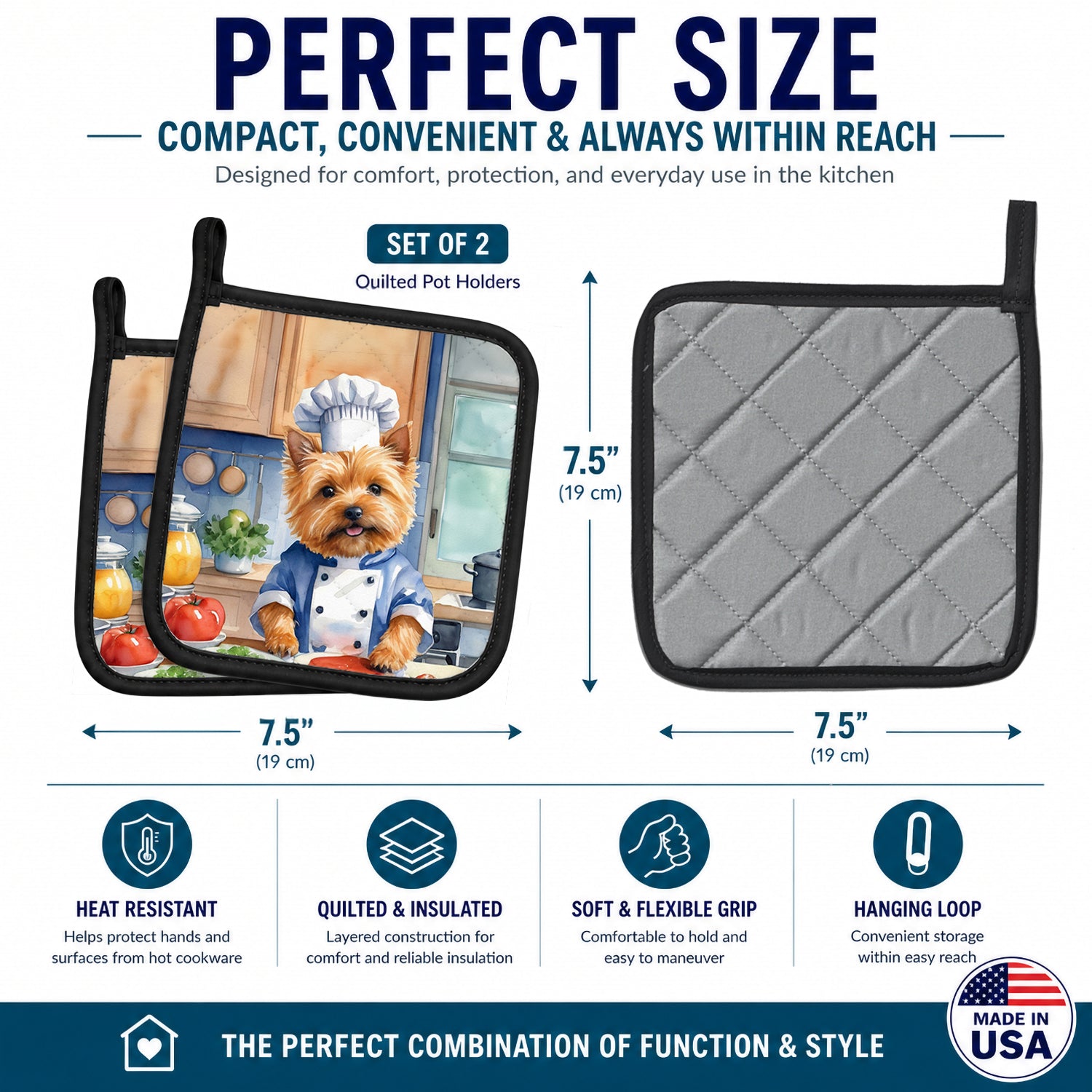 Norwich Terrier The Chef Pot Holder Set of 2 Heat Resistant Quilted Hot Pads 7.5 x 7.5 Inch, Insulated Kitchen Trivets for Cooking & Baking