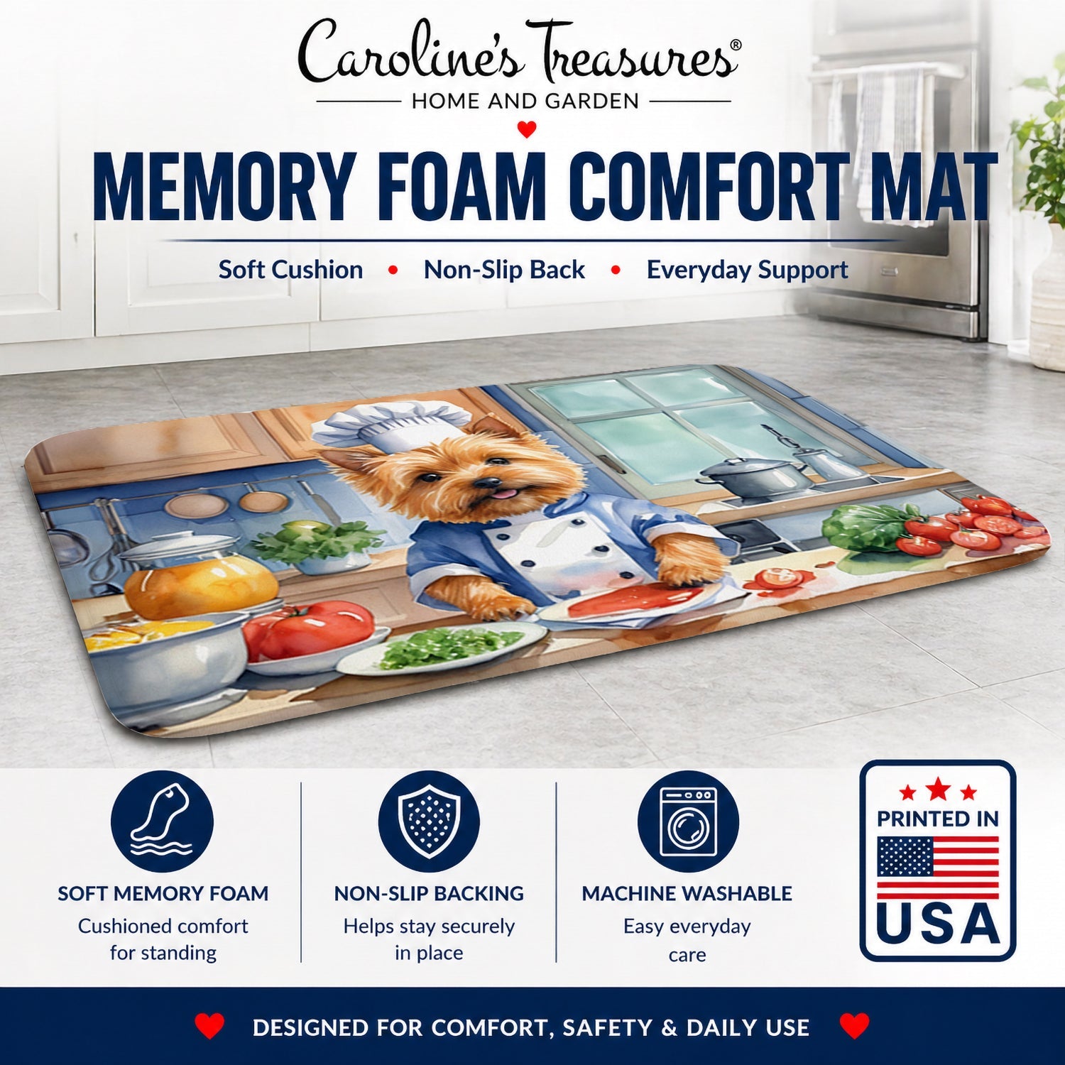 Norwich Terrier The Chef Memory Foam Kitchen Mat Machine Washable Anti-Fatigue Cushion Comfort Bath or Kitchen Rug