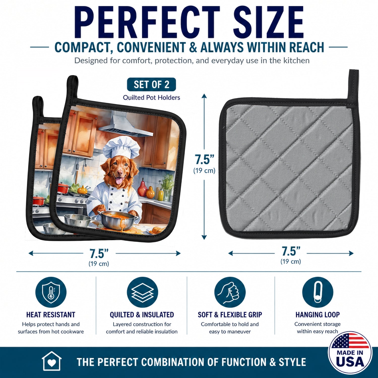 Nova Scotia Duck Tolling Retriever The Chef Pot Holder Set of 2 Heat Resistant Quilted Hot Pads 7.5 x 7.5 Inch, Insulated Kitchen Trivets for Cooking & Baking