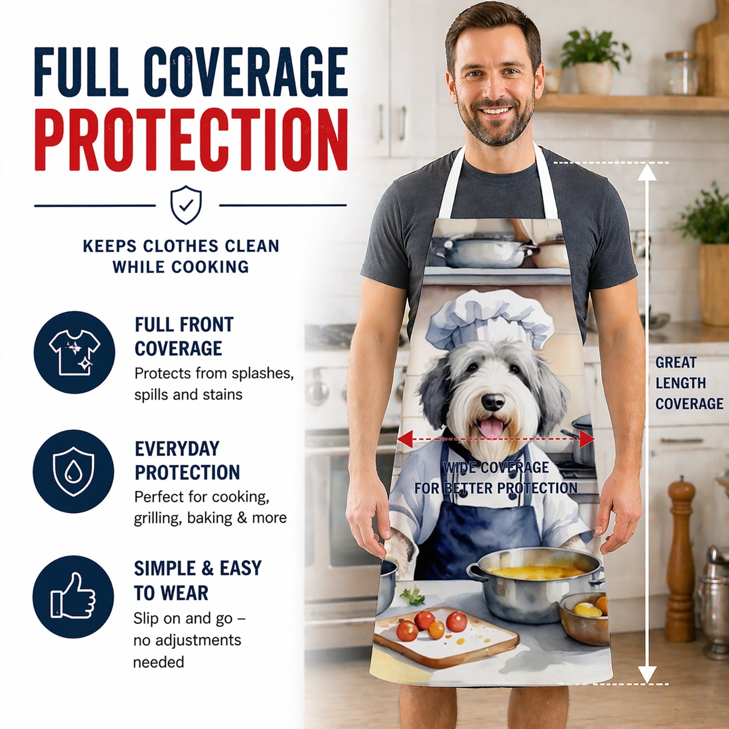 Old English Sheepdog The Chef Apron Cooking Kitchen Server Baking Crafts Gardening for Adult Women Men, Unisex, Large, Multicolor