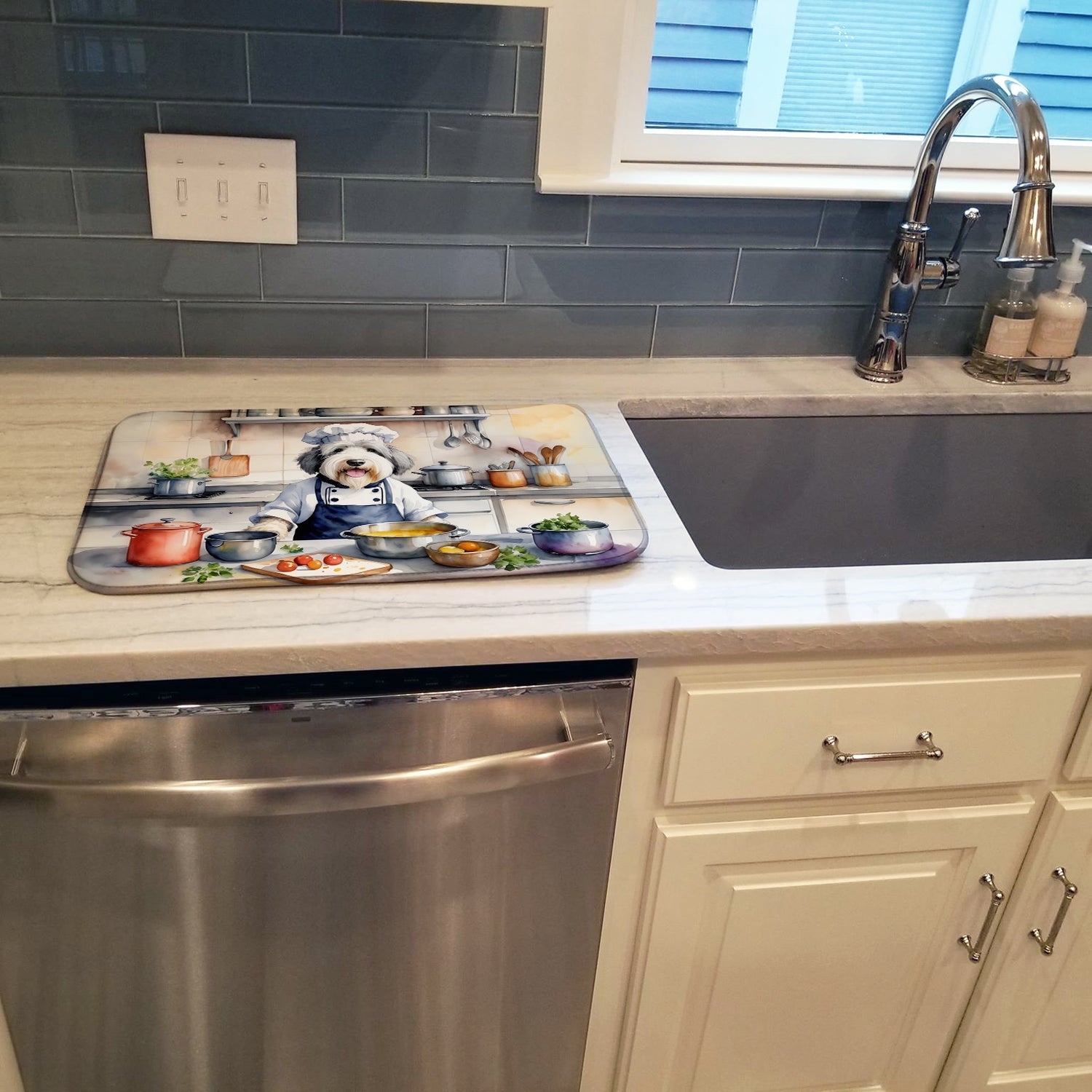 Old English Sheepdog The Chef Dish Drying Mat Absorbent Dish Drying Mat Pad for Kitchen Counter Dish Drainer Mat for Countertop, 14 x 21", Multicolor