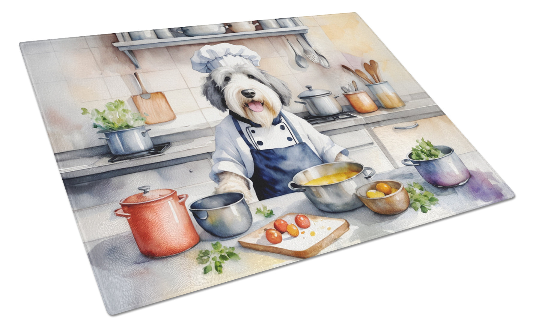 Old English Sheepdog The Chef Cutting Board Tempered Glass Kitchen Cutting Surface, Heat Resistant Chopping, Non-Slip Feet, Food Prep & Serving