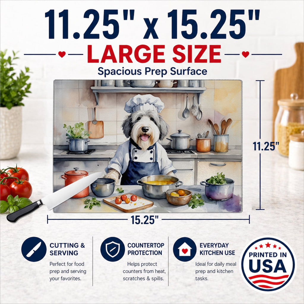 Old English Sheepdog The Chef Cutting Board Tempered Glass Kitchen Cutting Surface, Heat Resistant Chopping, Non-Slip Feet, Food Prep & Serving