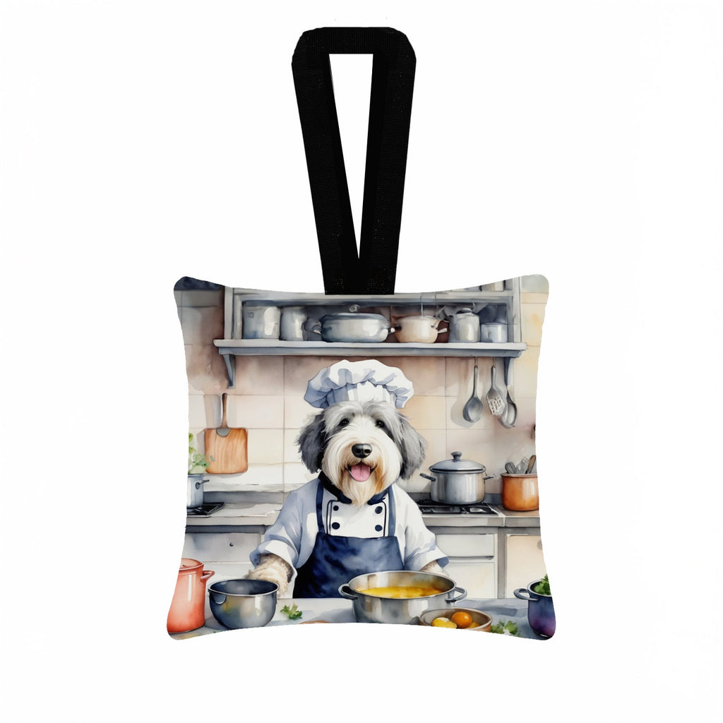 Old English Sheepdog The Chef Hanging Square Fabric Ornament 3.5 × 3.5 Decorative Door-Knob & Tree Hanger, Soft Fabric