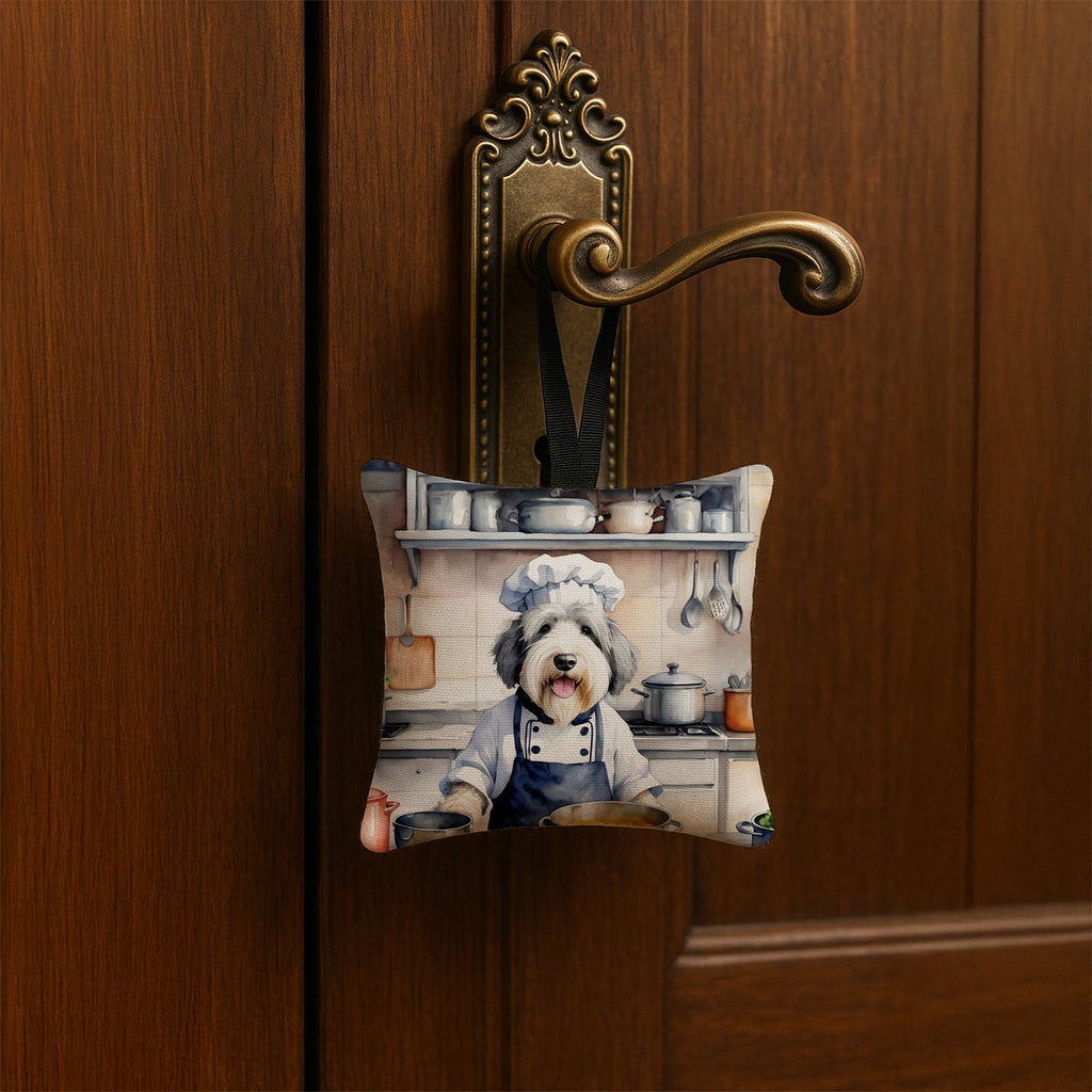 Old English Sheepdog The Chef Hanging Square Fabric Ornament 3.5 × 3.5 Decorative Door-Knob & Tree Hanger, Soft Fabric