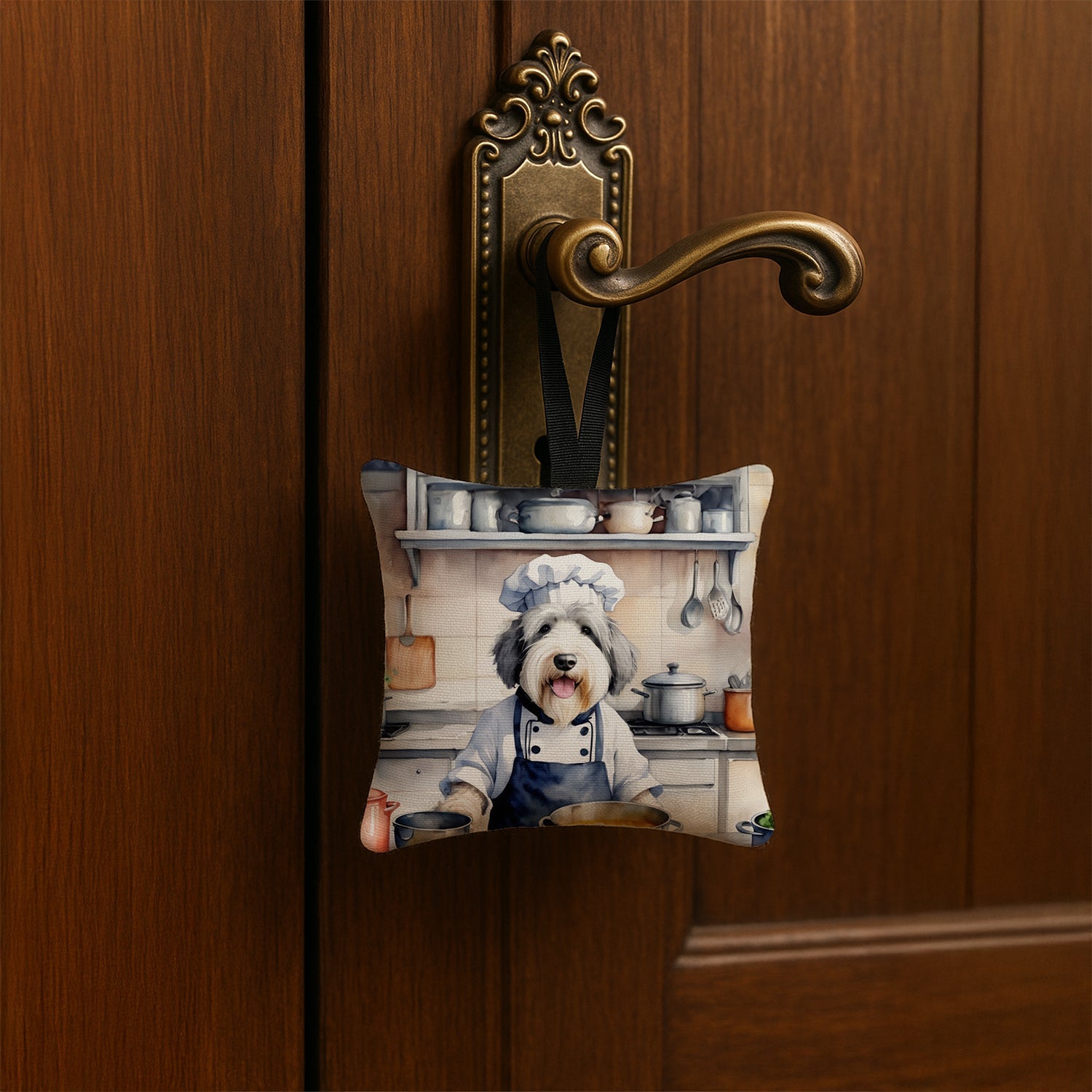 Old English Sheepdog The Chef Hanging Square Fabric Ornament 3.5 × 3.5 Decorative Door-Knob & Tree Hanger, Soft Fabric