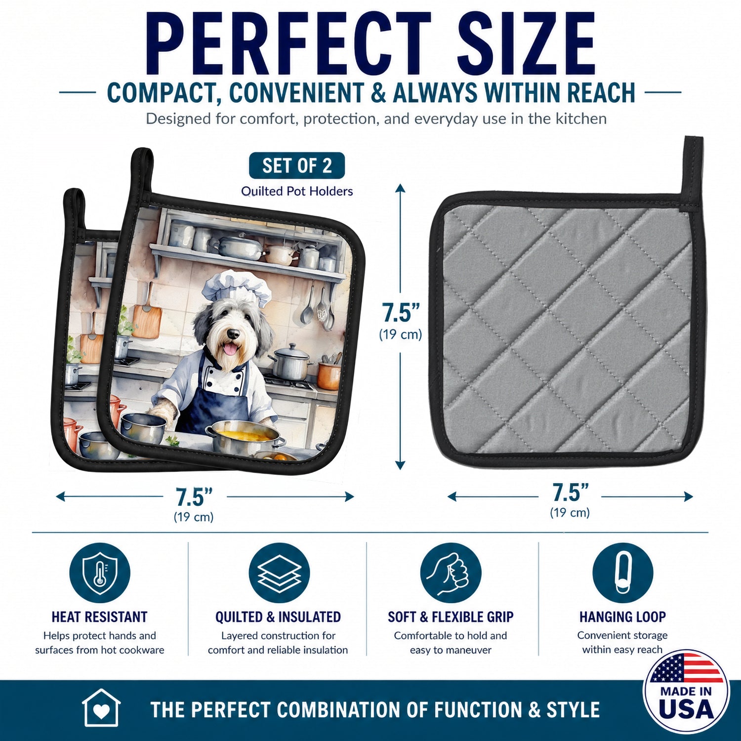 Old English Sheepdog The Chef Pot Holder Set of 2 Heat Resistant Quilted Hot Pads 7.5 x 7.5 Inch, Insulated Kitchen Trivets for Cooking & Baking
