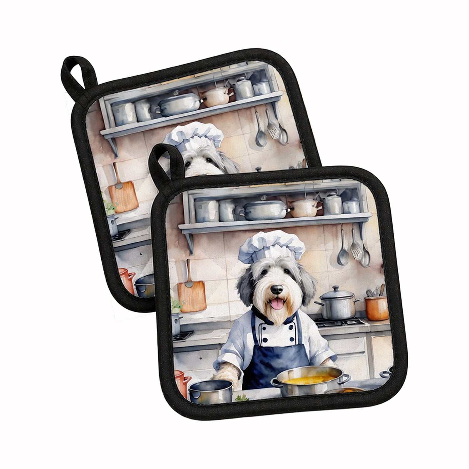 Old English Sheepdog The Chef Pot Holder Set of 2 Heat Resistant Quilted Hot Pads 7.5 x 7.5 Inch, Insulated Kitchen Trivets for Cooking & Baking
