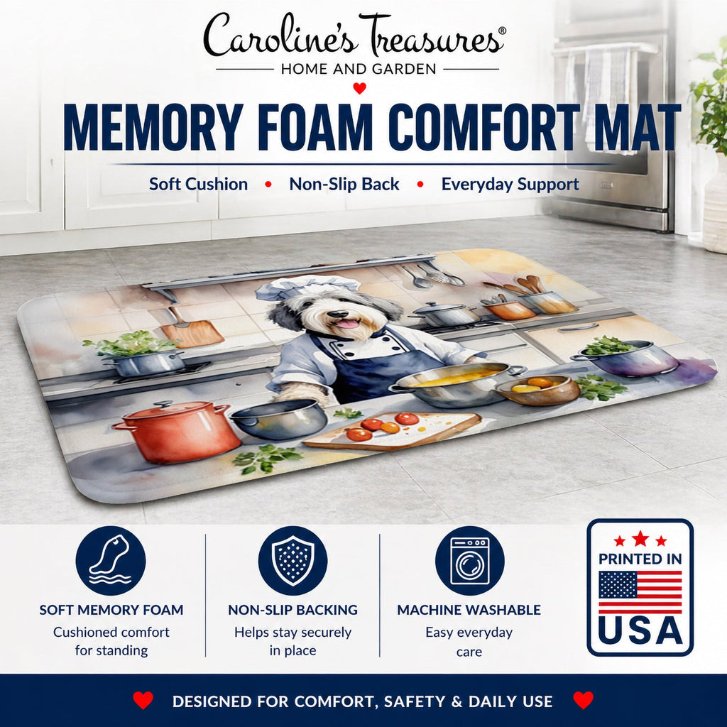 Old English Sheepdog The Chef Memory Foam Kitchen Mat Machine Washable Anti-Fatigue Cushion Comfort Bath or Kitchen Rug