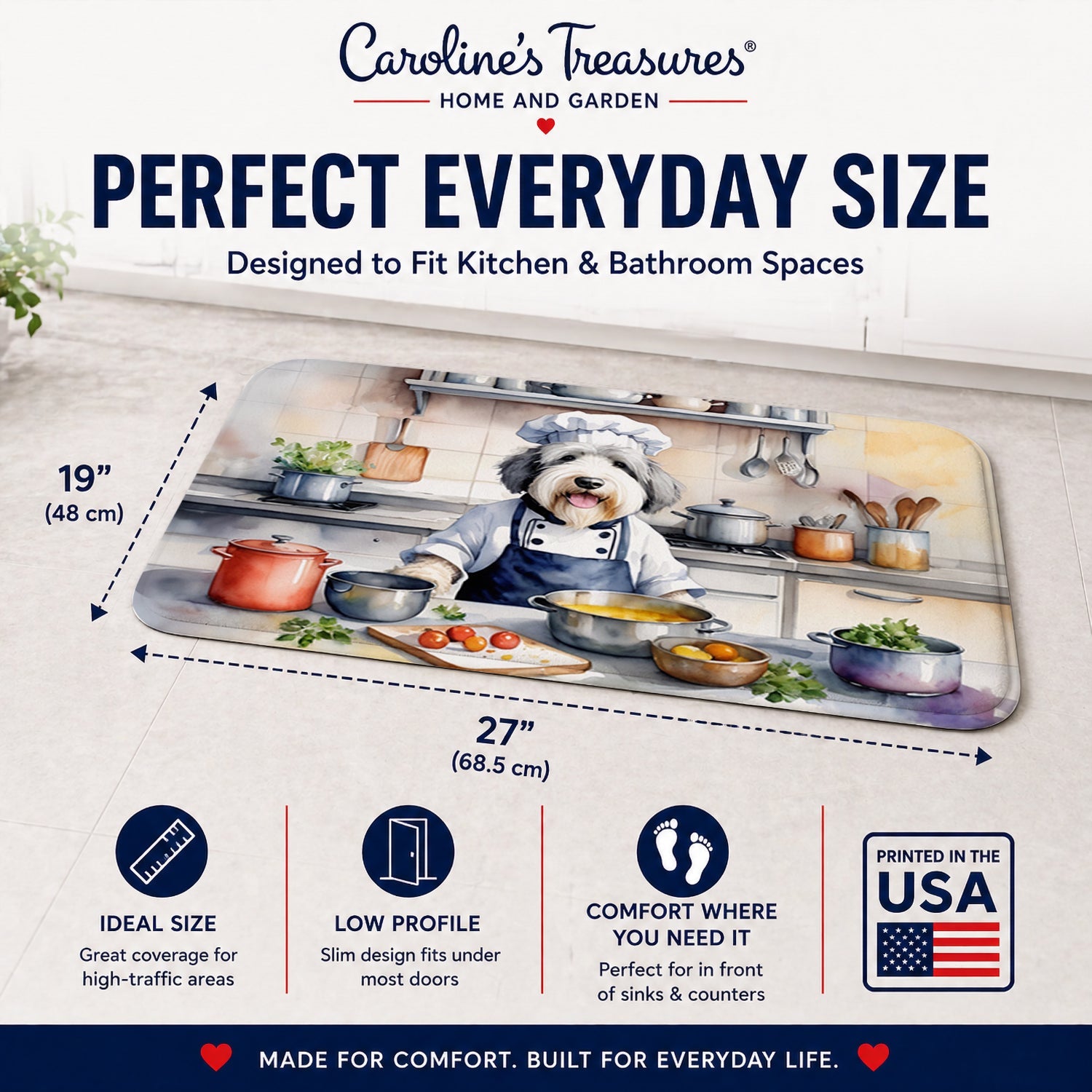 Old English Sheepdog The Chef Memory Foam Kitchen Mat Machine Washable Anti-Fatigue Cushion Comfort Bath or Kitchen Rug