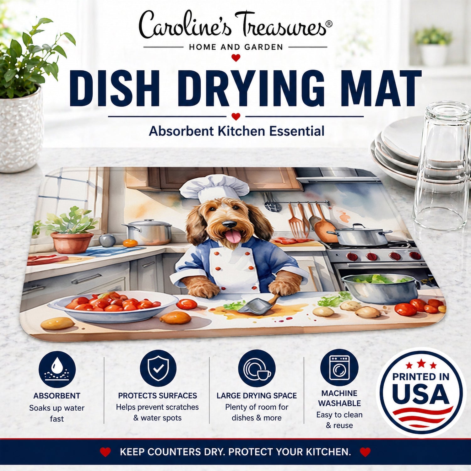 Otterhound The Chef Dish Drying Mat Absorbent Dish Drying Mat Pad for Kitchen Counter Dish Drainer Mat for Countertop, 14 x 21", Multicolor